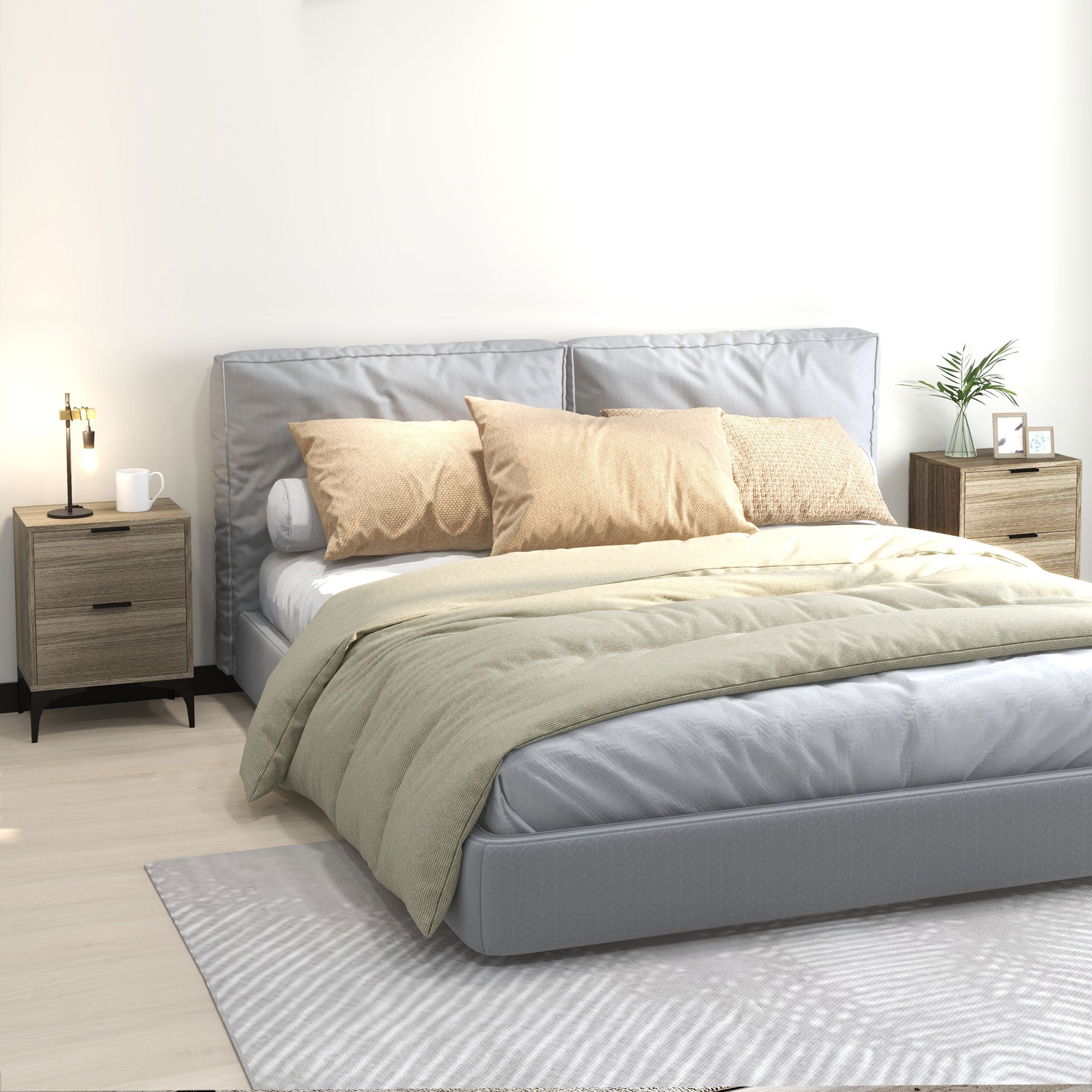 Set of Two Wood Effect Bedside Tables with Drawers - Grey