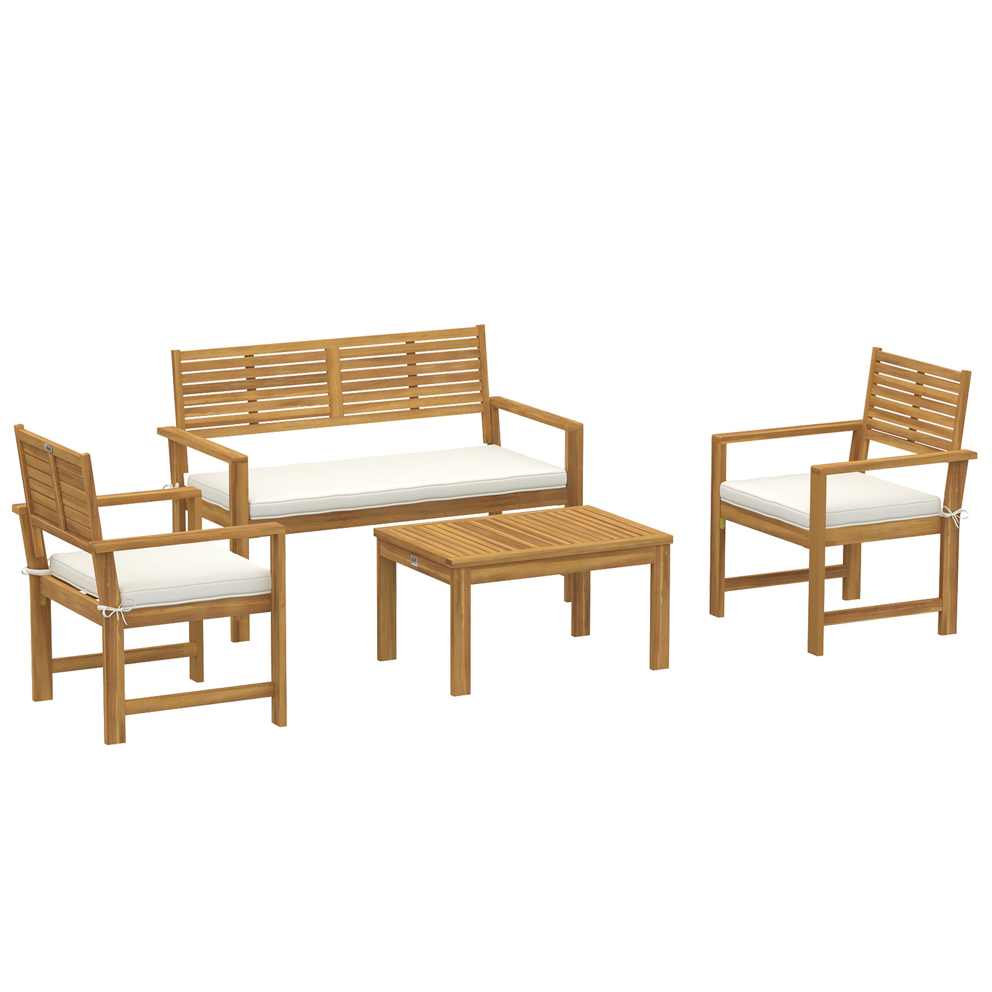 4 Seater Wooden Garden Furniture Set with Loveseat, Armchairs, Table, Acacia Wood Garden Sofa Set, Cream White