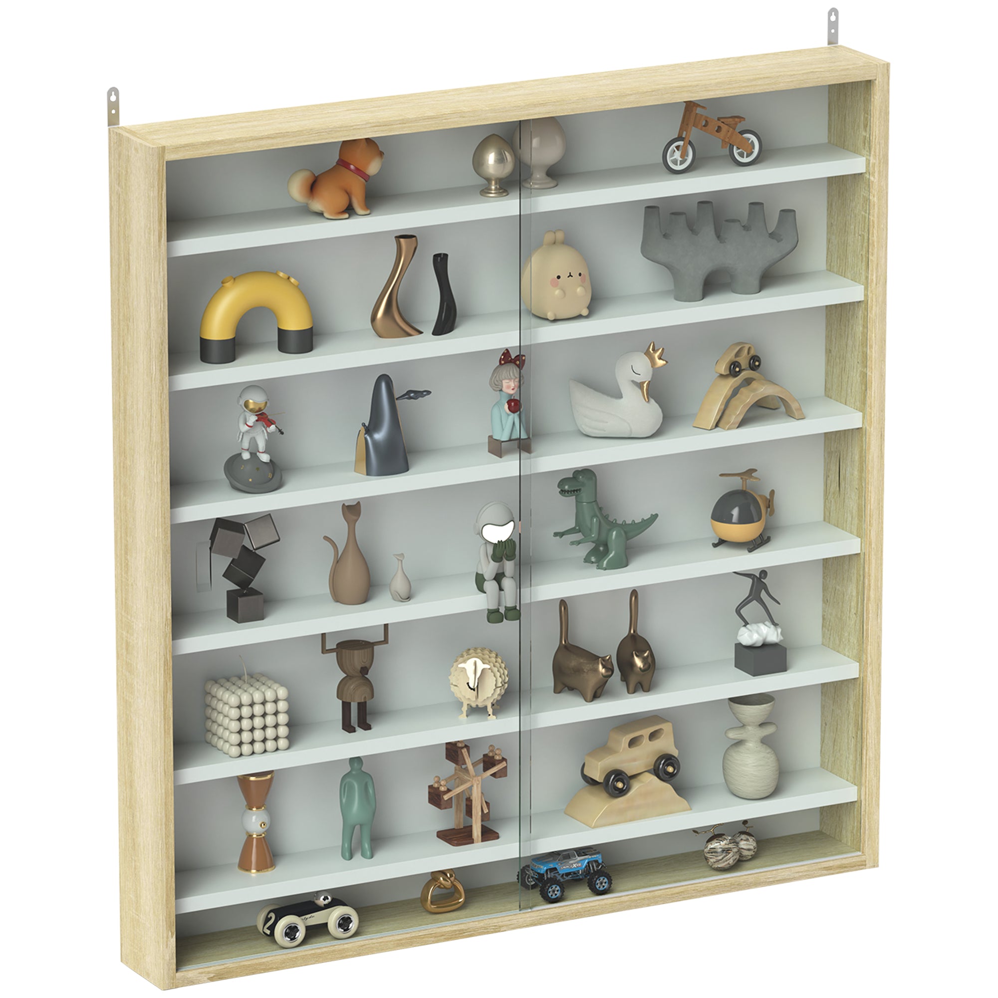 7-Tier Wall Display Shelf Cabinet with 6 Adjustable Shelves and Glass Doors 83x80cm - Oak