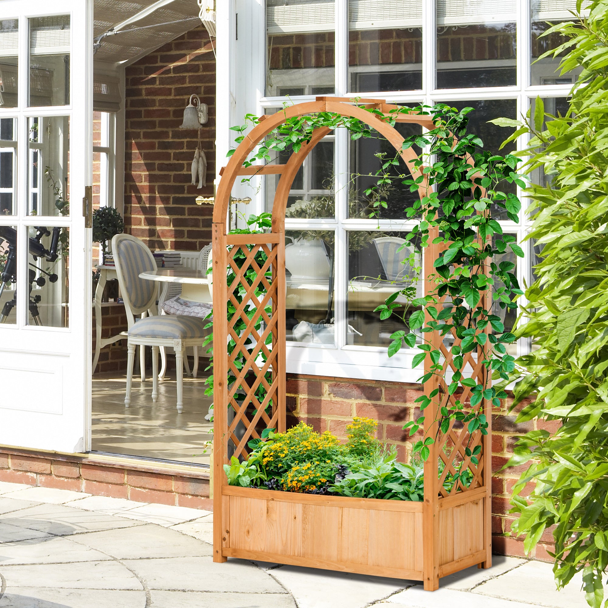 Raised Garden Bed with Arch Trellis, Freestanding Garden Planter Box for Vine Climbing Plant Flower Herb, Brown