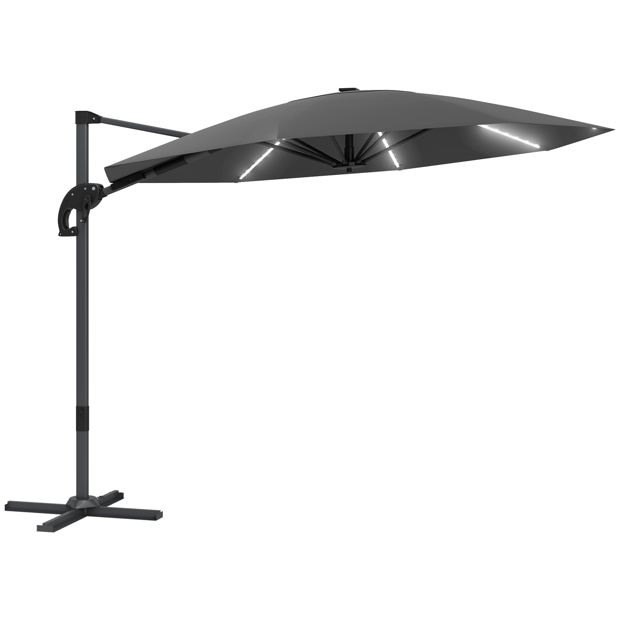 3 Metre Cantilever Garden Parasol with Solar Lights and Crank Handle - Dark Grey