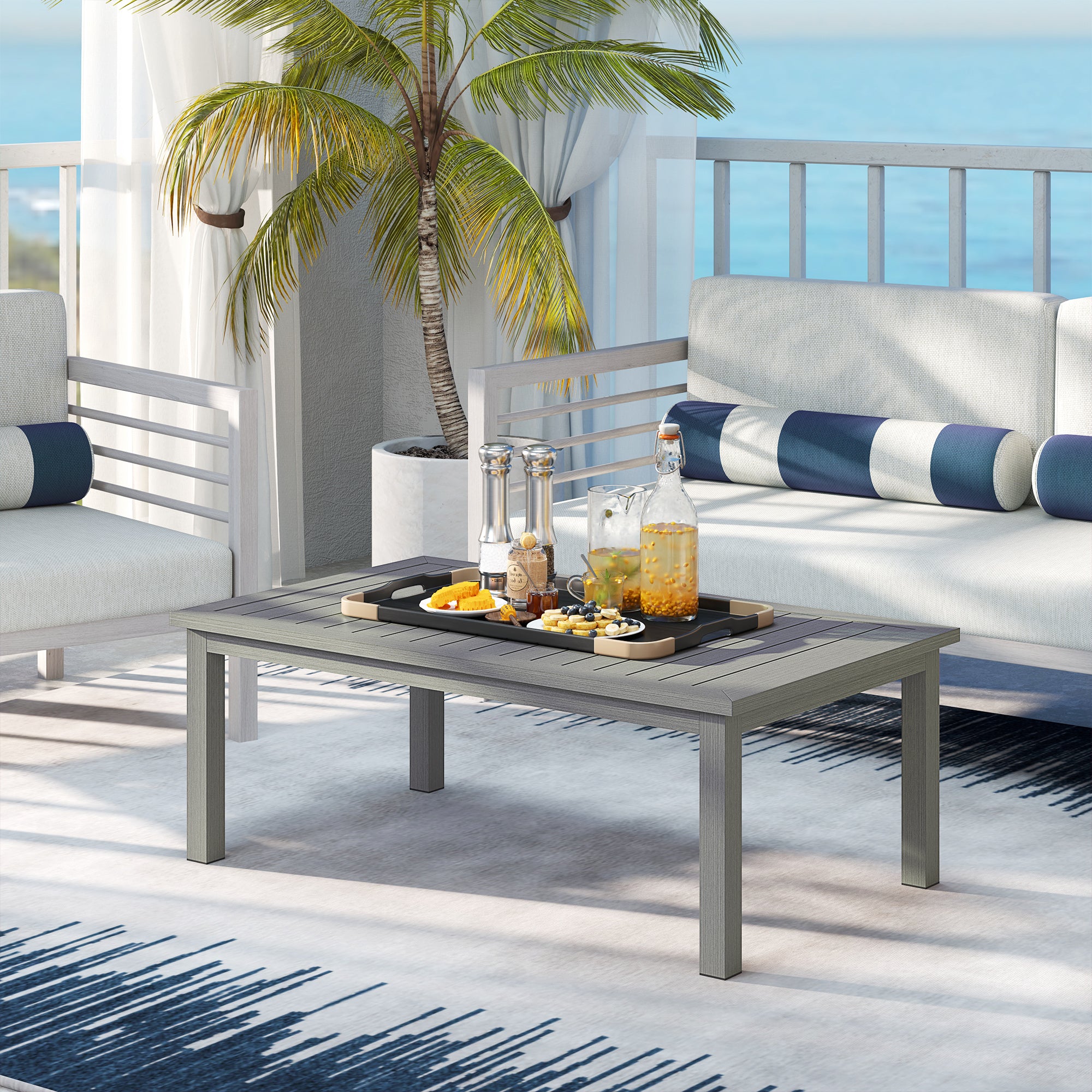 100cm x 60cm Aluminium Outdoor Coffee Table with Slatted Top - Grey