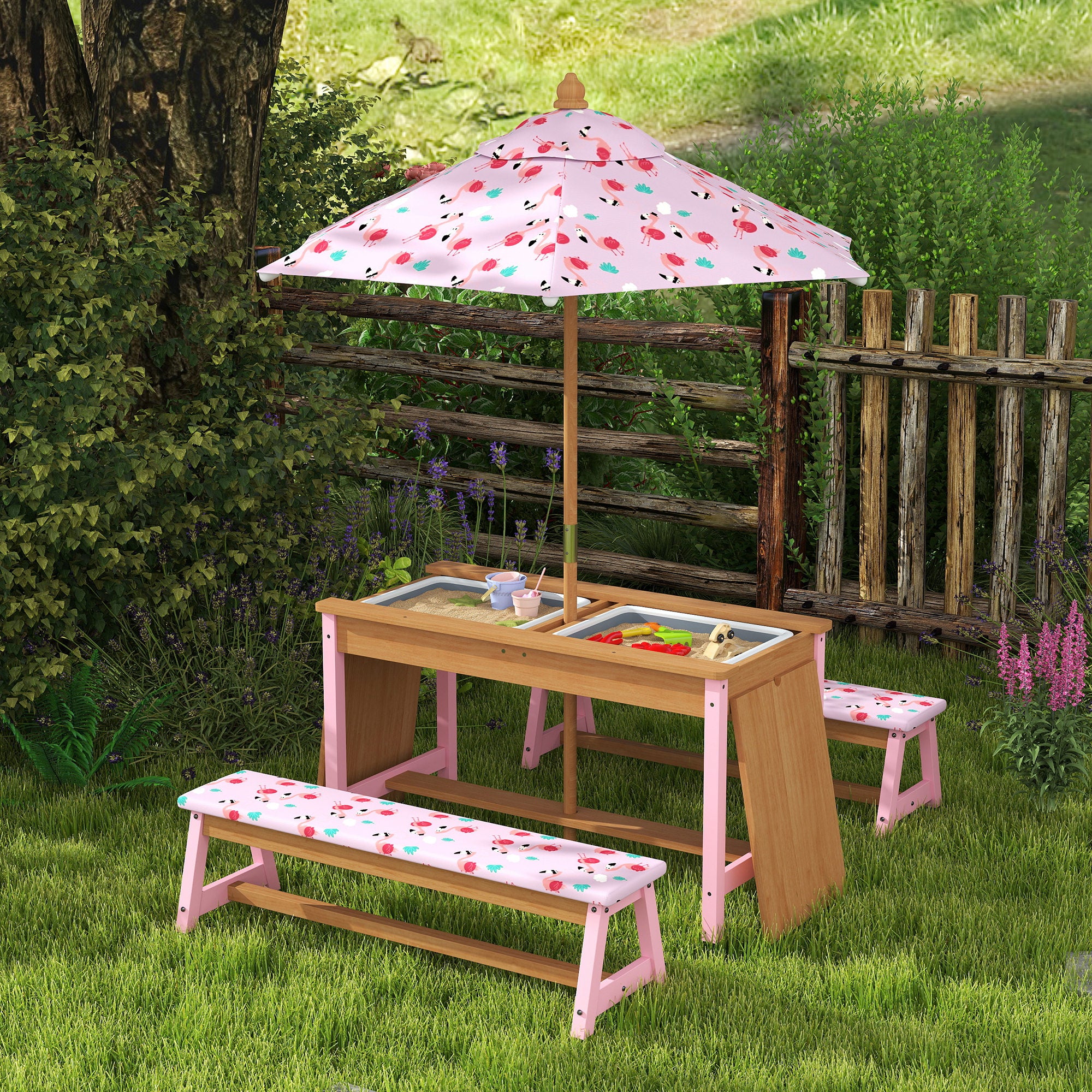 Kids Picnic Table Set with Foldable Umbrella, Cushions & Storage Boxes Flamingo Theme - Pink