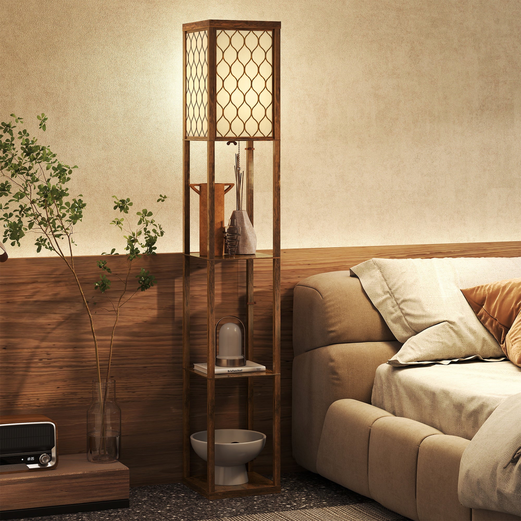 Three-Shelf Standing Lamp - Rustic Brown/White