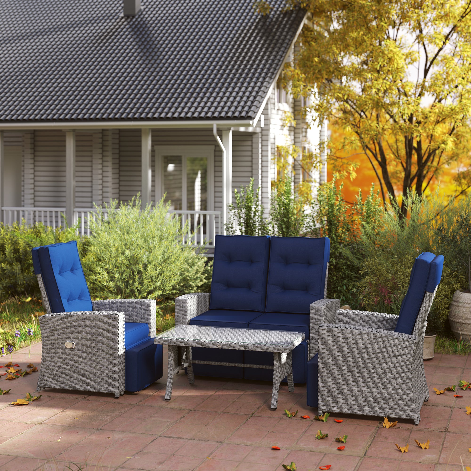 4 Piece Rattan Garden Furniture Set with Reclining Chairs - Navy Blue