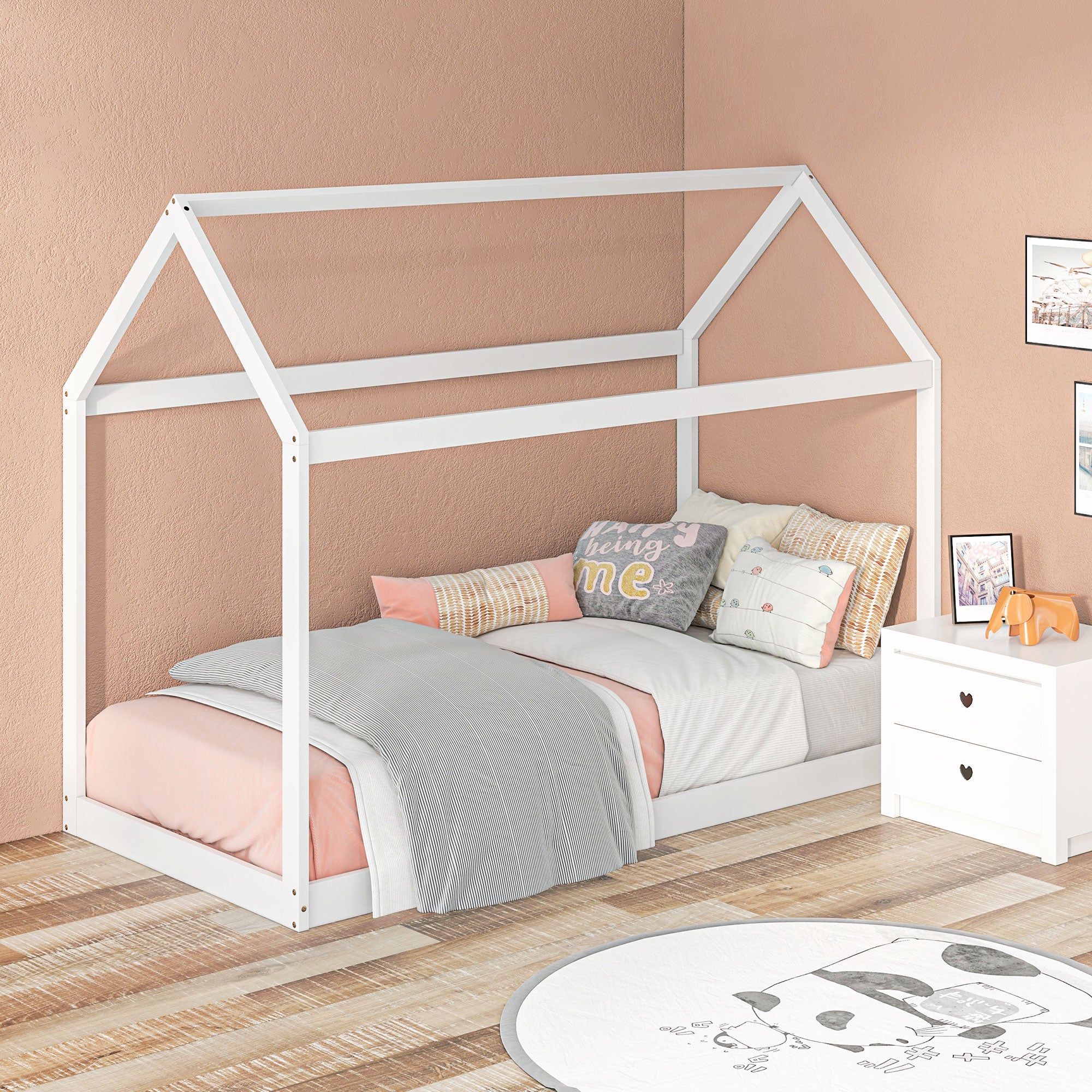 Single House-Shaped Wooden Bed Frame for 90 x 190 cm Mattress - White