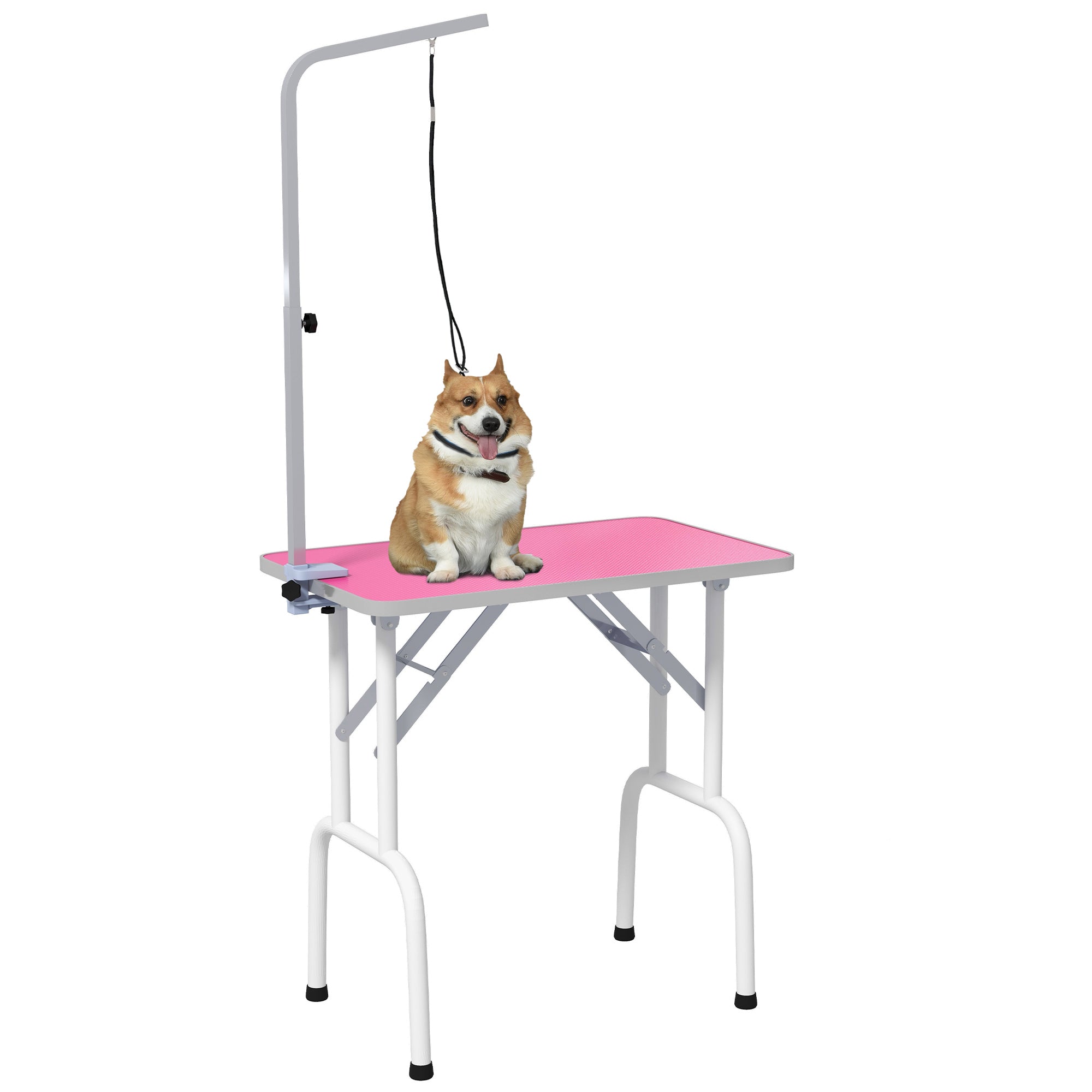 32" Foldable Adjustable Dog Grooming Table with Rubber Top and Fixed Arm - Pink