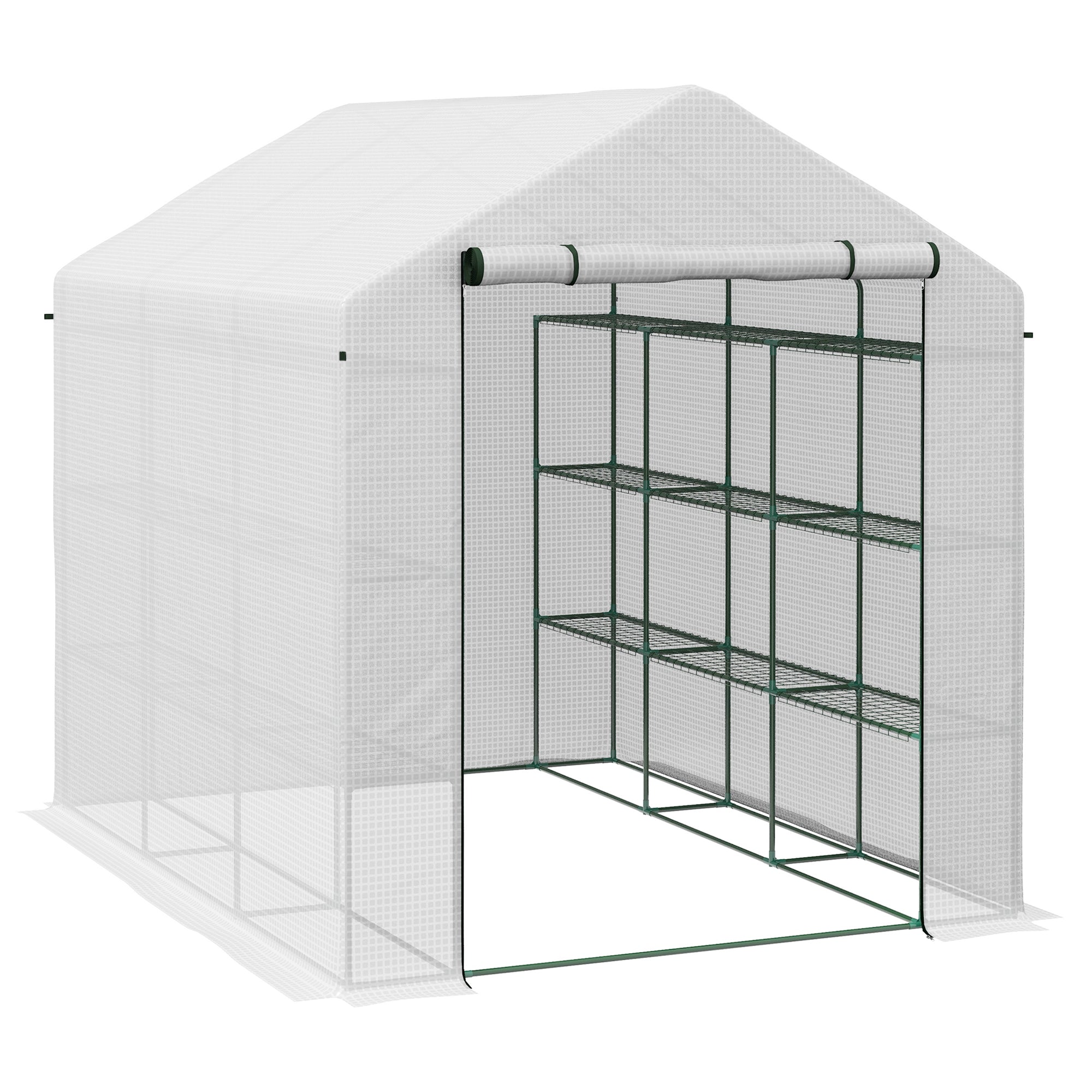 8 x 6ft Walk-In Greenhouse with 12 Shelves and Roll-Up Door - White