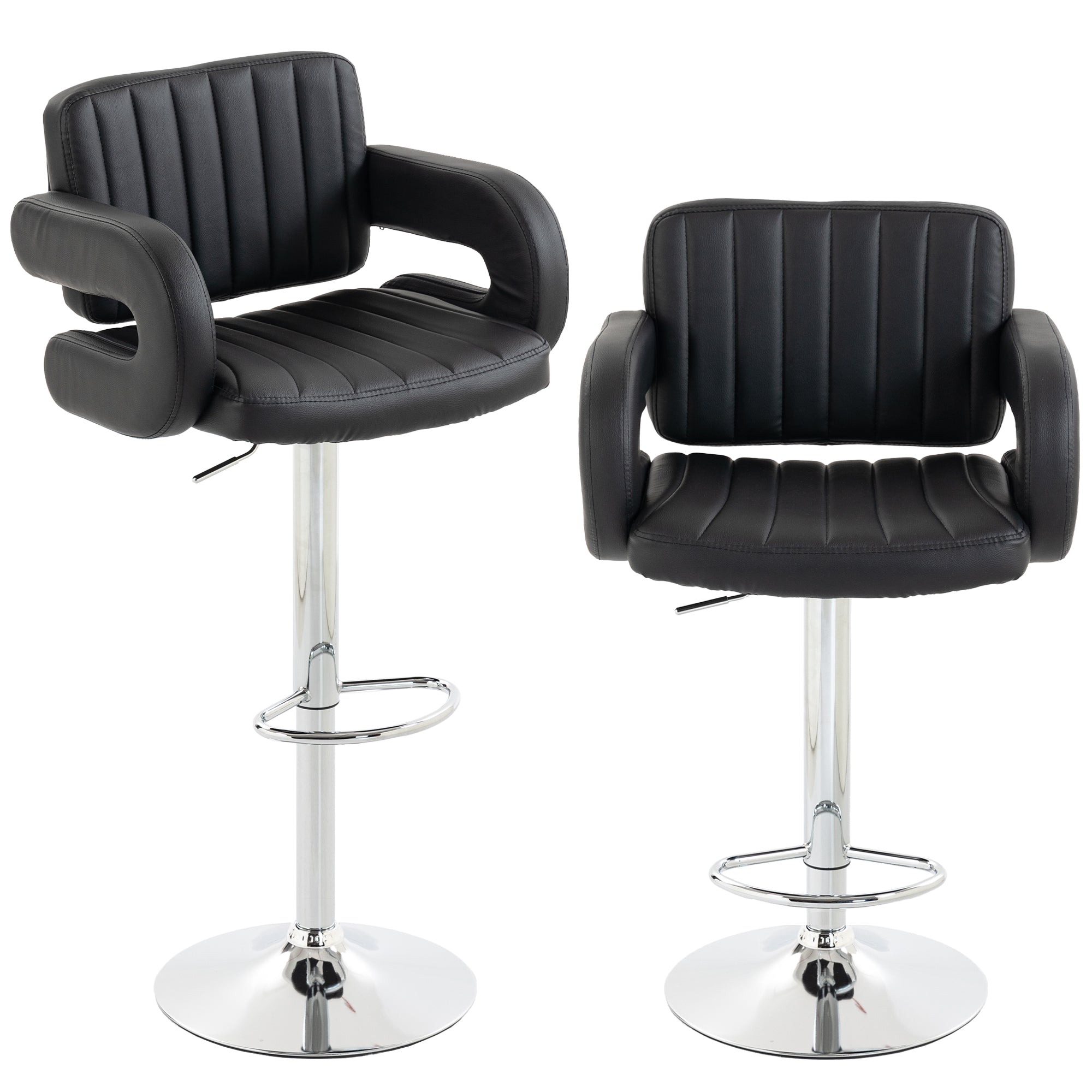 Bar Stools Adjustable Swivel Kitchen Chairs with Backrest Armrest Set of 2 PU Leather Black