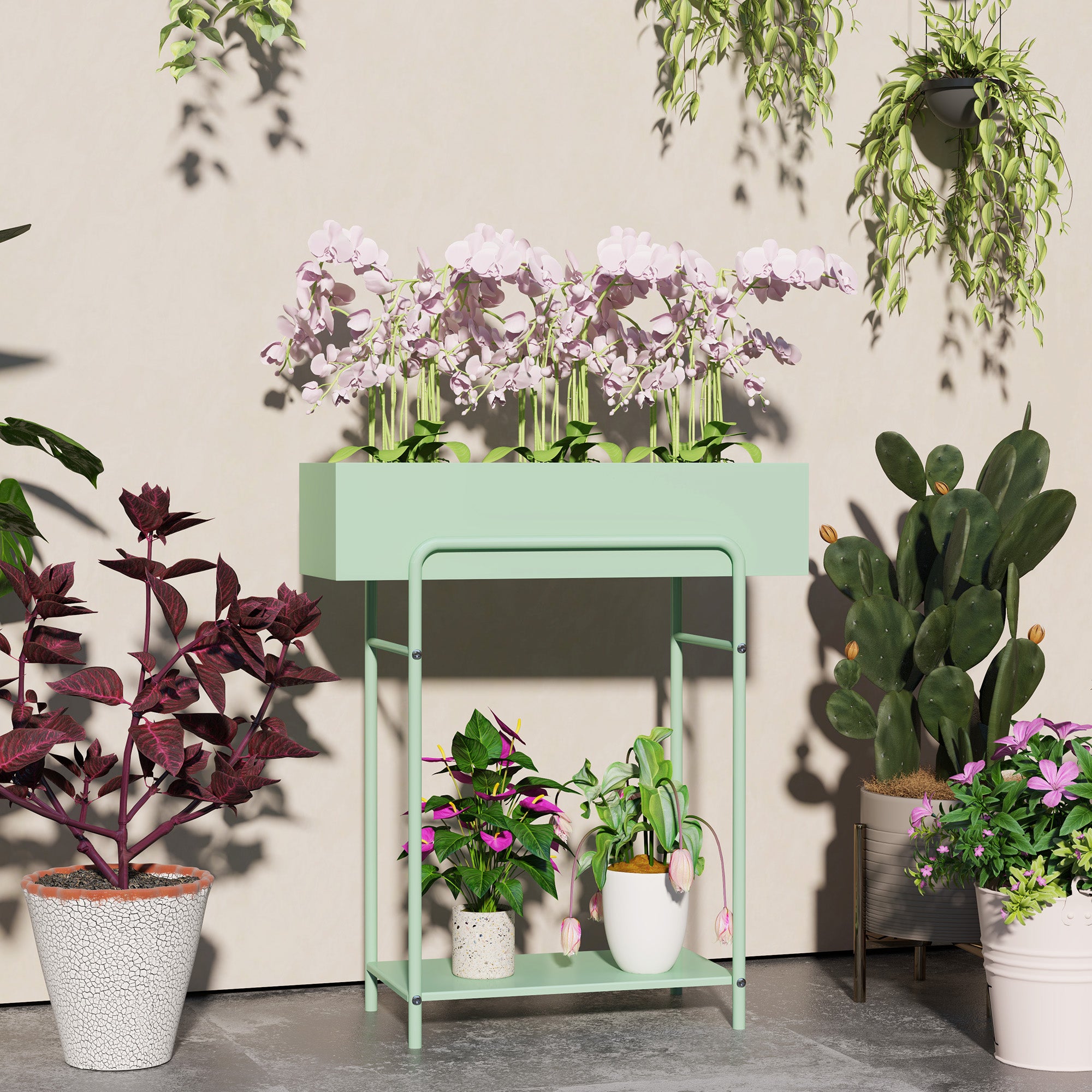 2 Tier Metal Plant Stand with Drain Holes and Fence - Green
