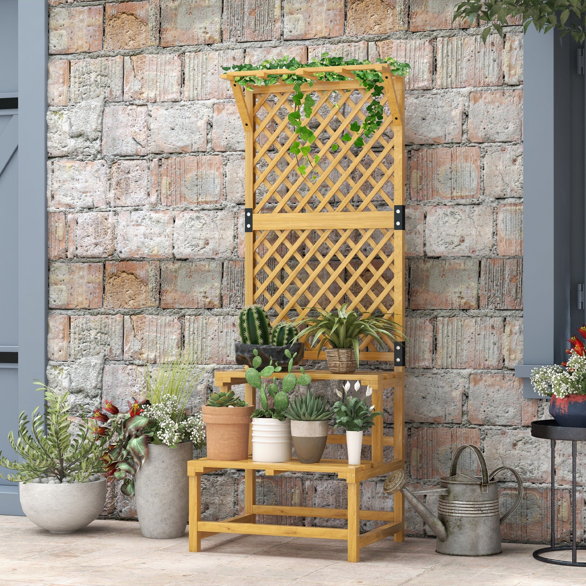 Wooden Plant Stand with Trellis and Shelves - Natural Finish