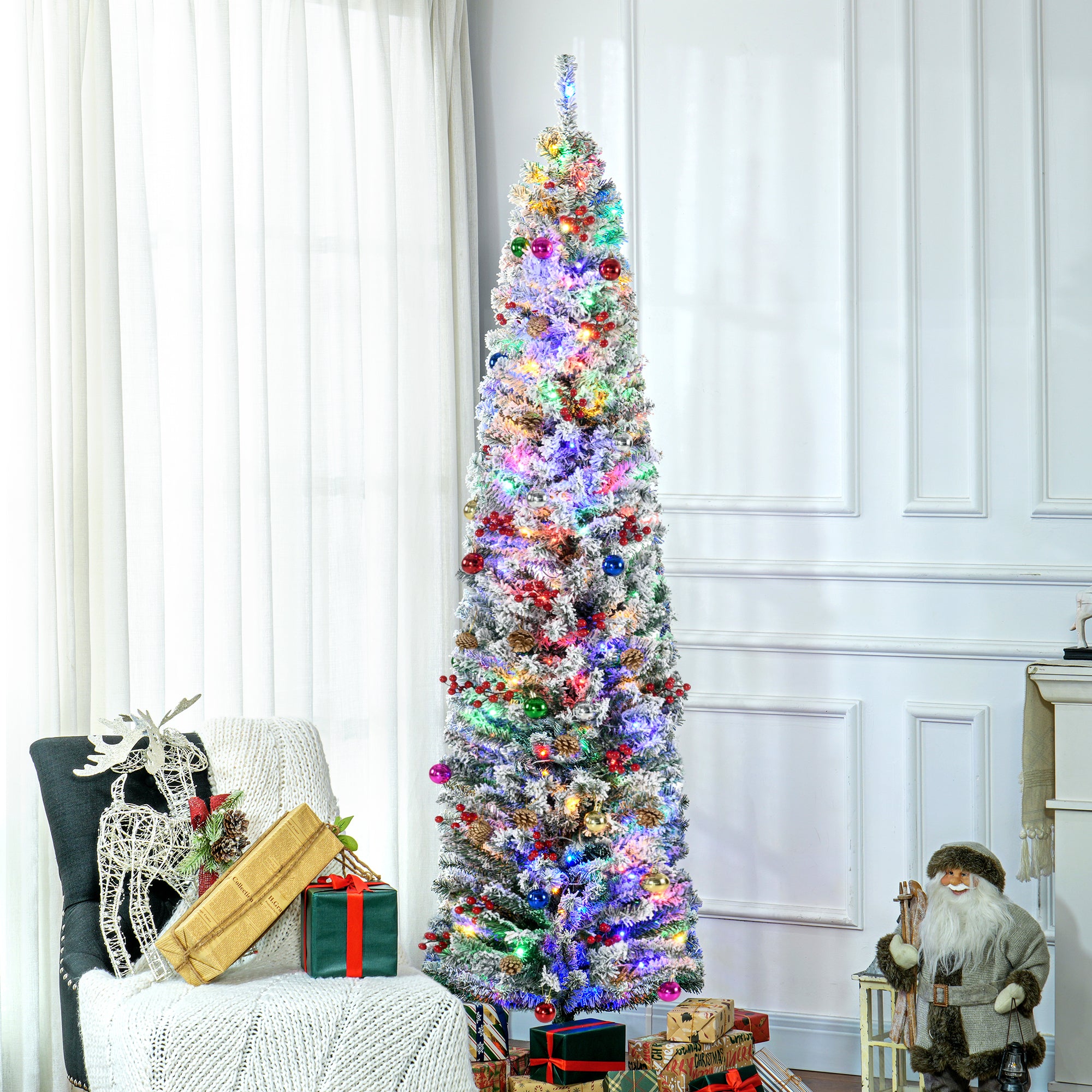 7' Artificial Prelit Christmas Trees Holiday Décor with Colourful LED Lights, Flocked Tips, Berry, Pine Cone