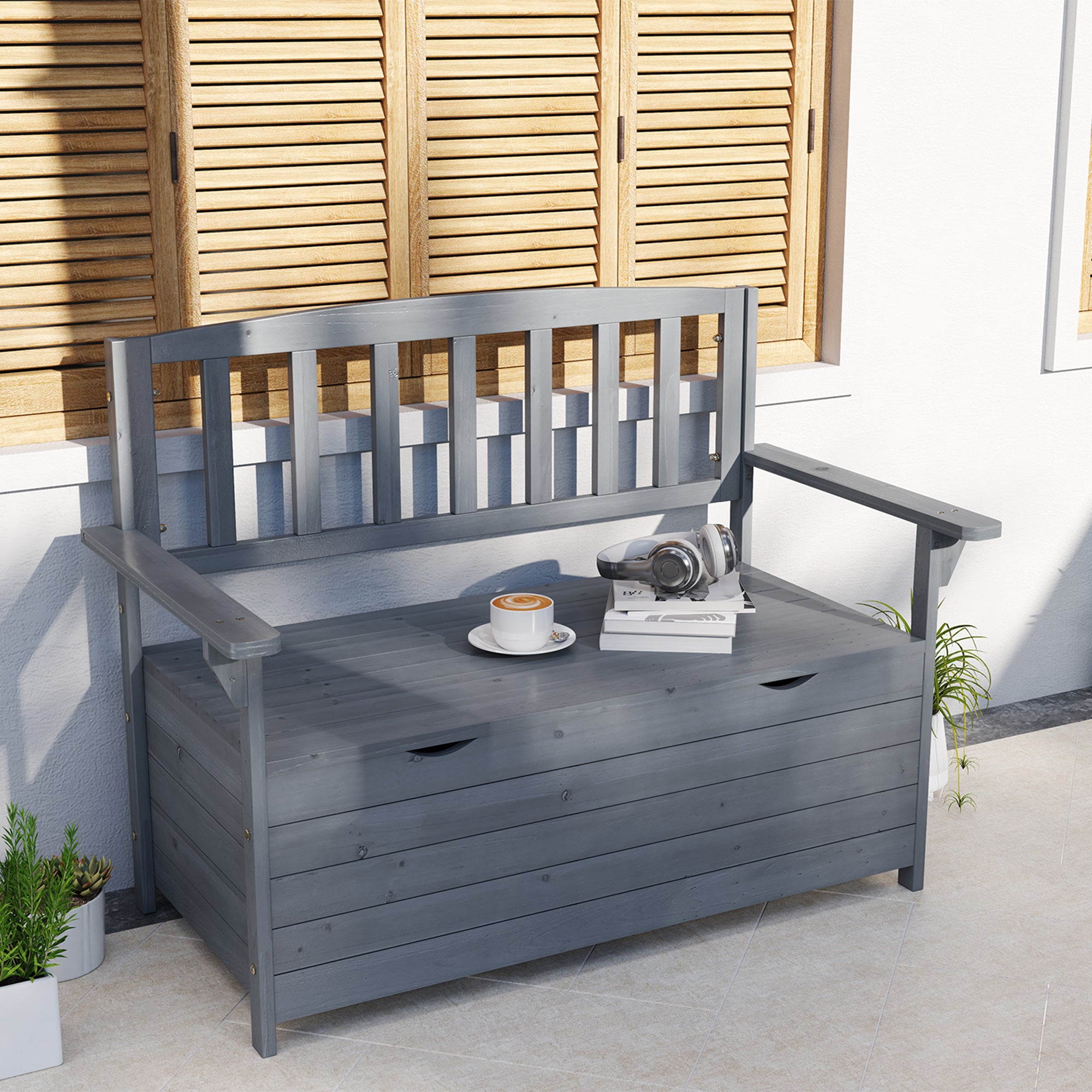 Two-Seater Garden Storage Bench with High Backrest - Grey