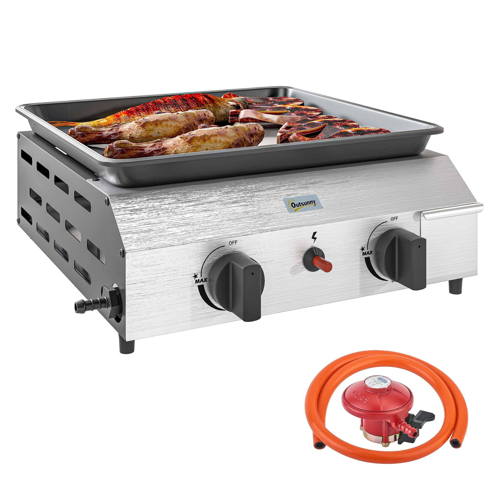 Two Burner Portable Gas Grill with Adjustable Burners and Grease Tray - Black