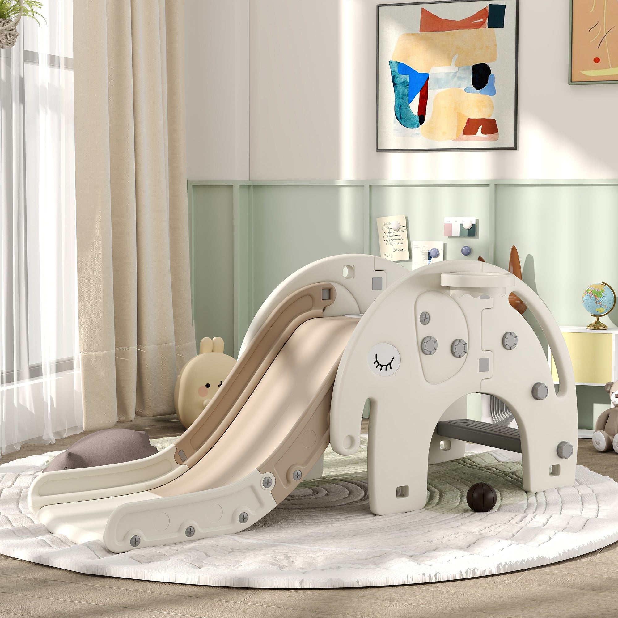 3 in 1 Toddler Slide with Basketball Hoop, Climber, Elephant-Themed, for 1-3 Years, Cream White