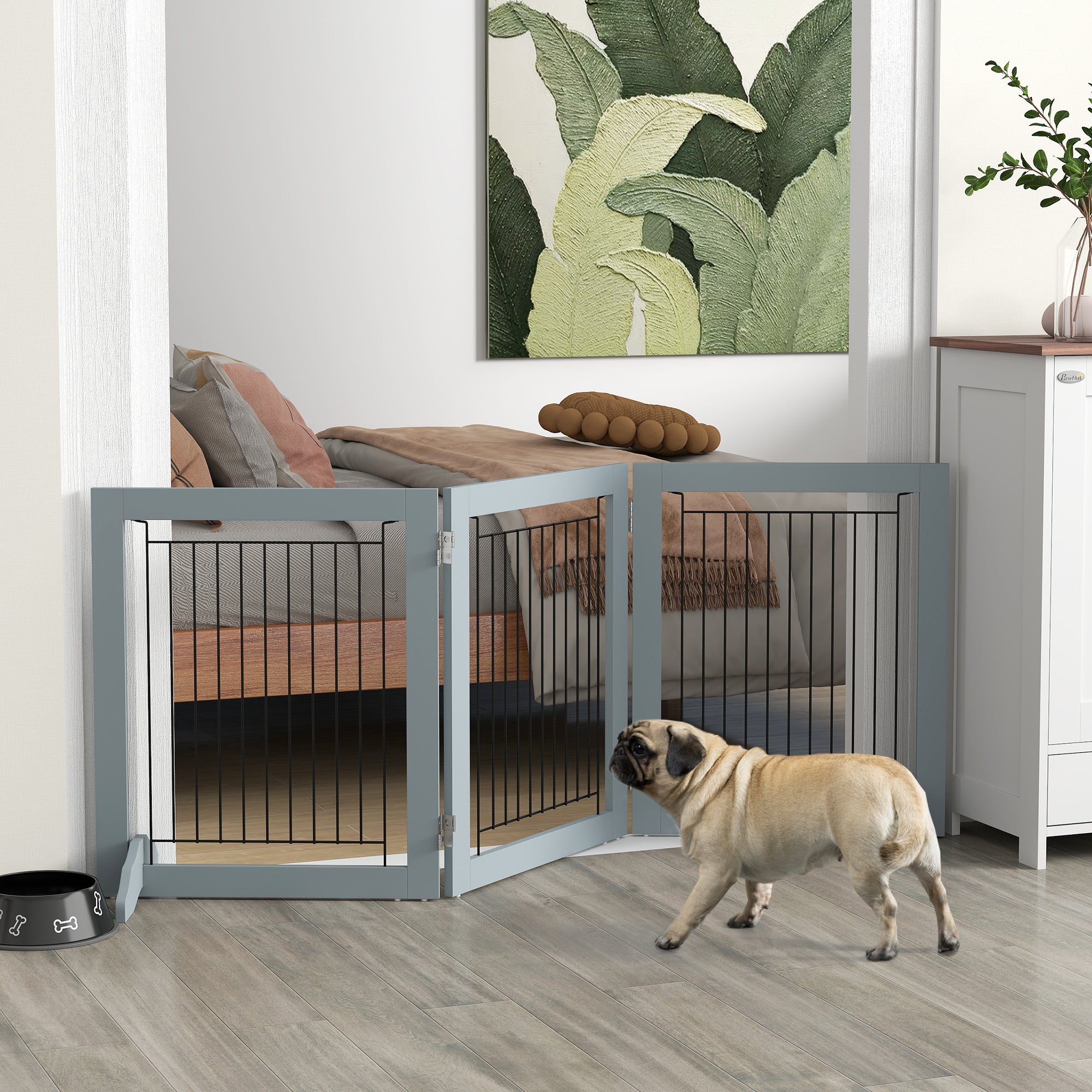 Foldable Pet Gate, with Three Panels & Two Support Feet - Grey