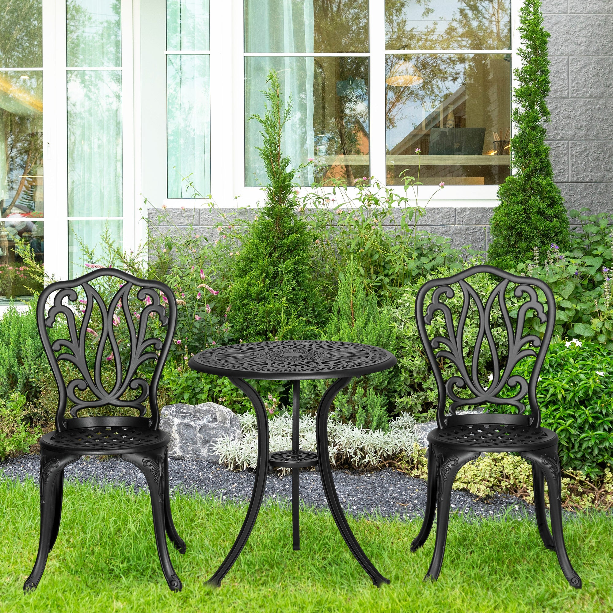 3 Piece Cast Aluminium Garden Bistro Set with Umbrella Hole for Balcony, Porch, Patio - Black