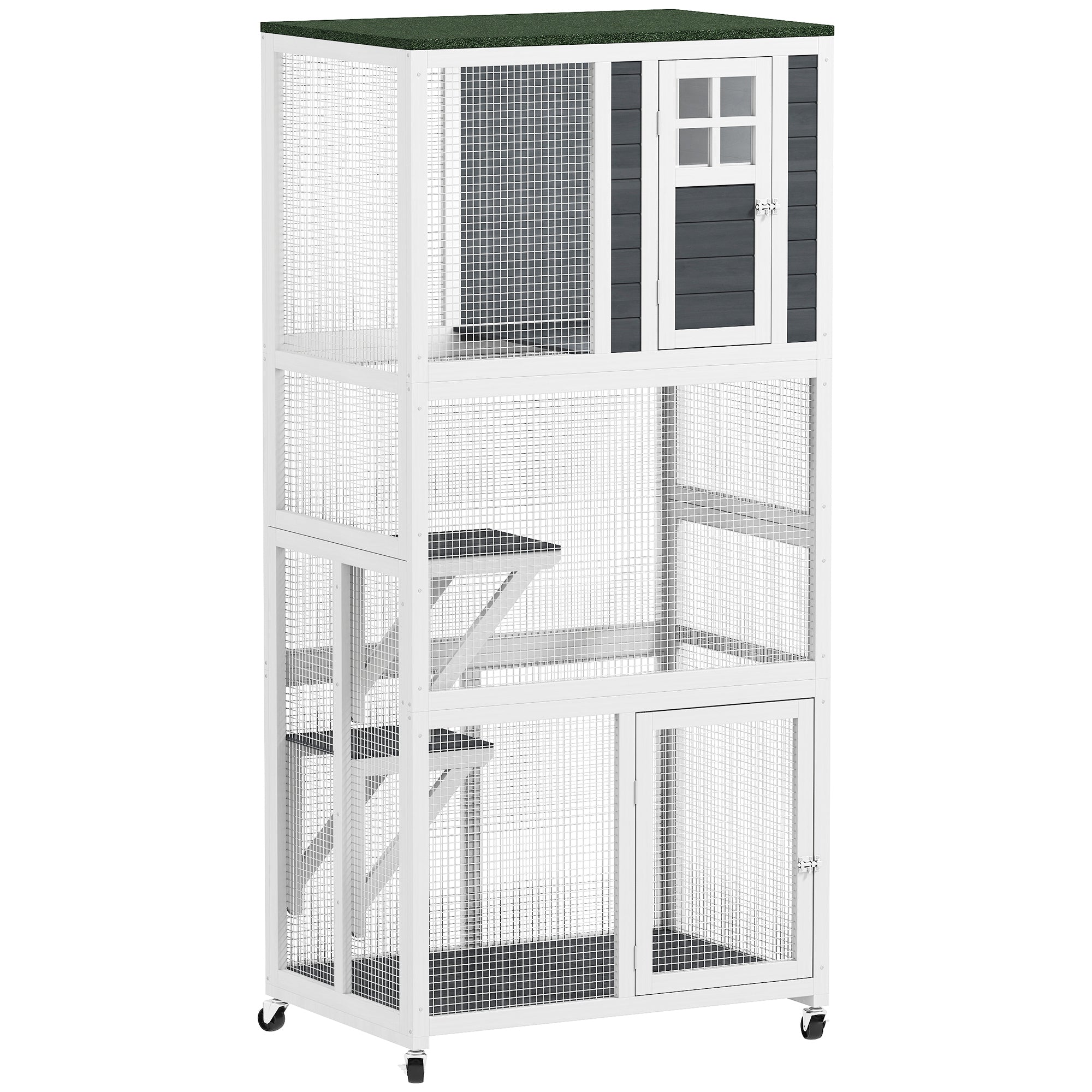 Wooden Catio Cat Outdoor Enclosure, Cat Cage with Waterproof Roof, Platforms, for Multiple Cats, White