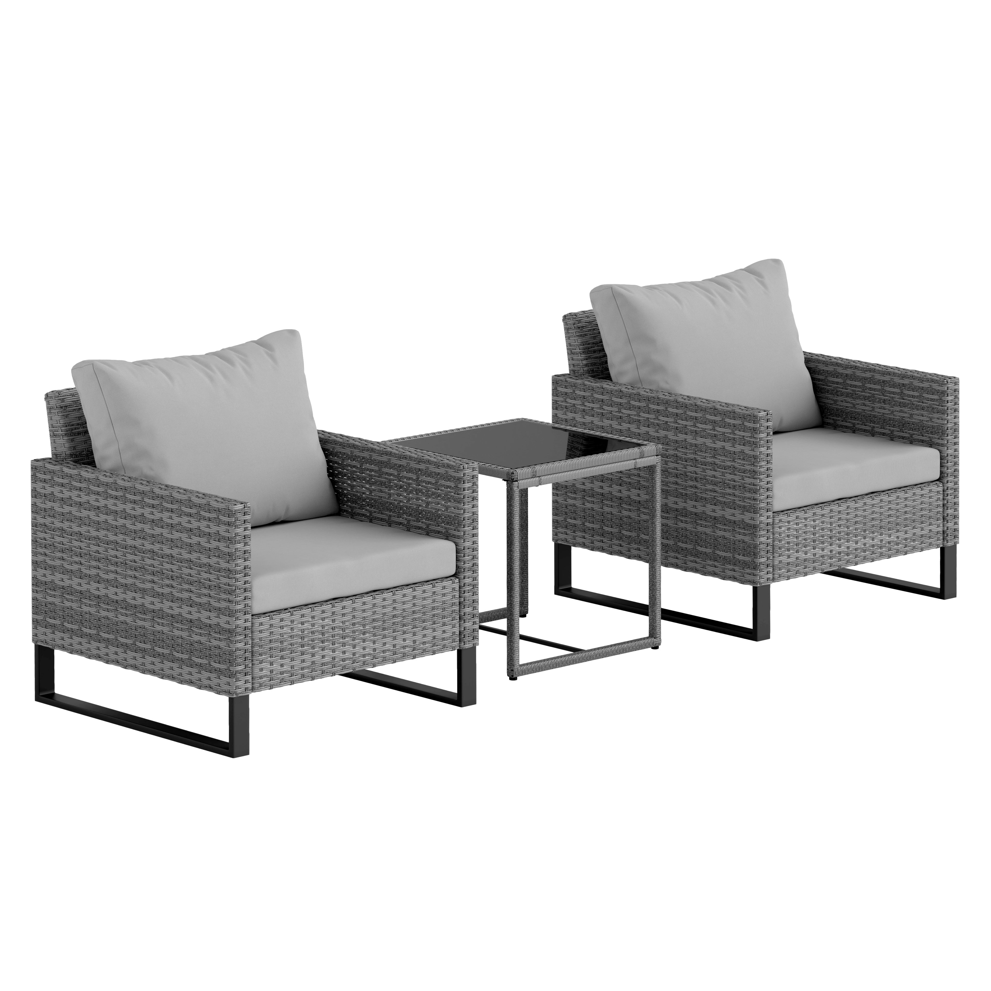 3 Piece Rattan Bistro Set with Cushions and Glass Top Table - Grey
