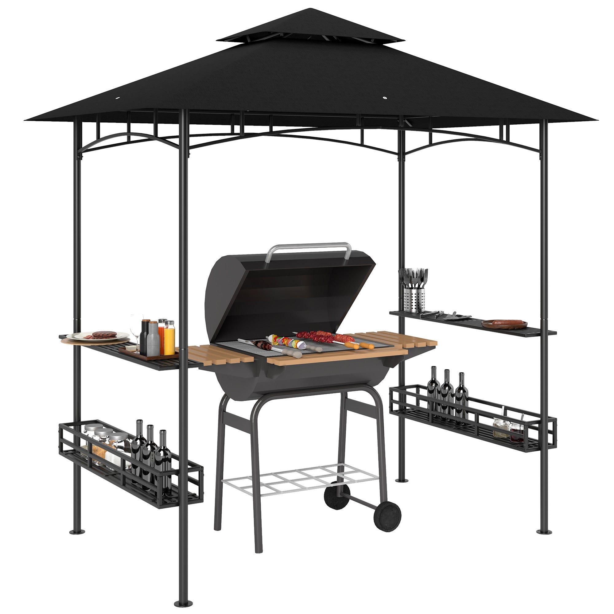 BBQ Grill Gazebo 150x240cm with Shelves and Baskets - Grey Polyester Canopy