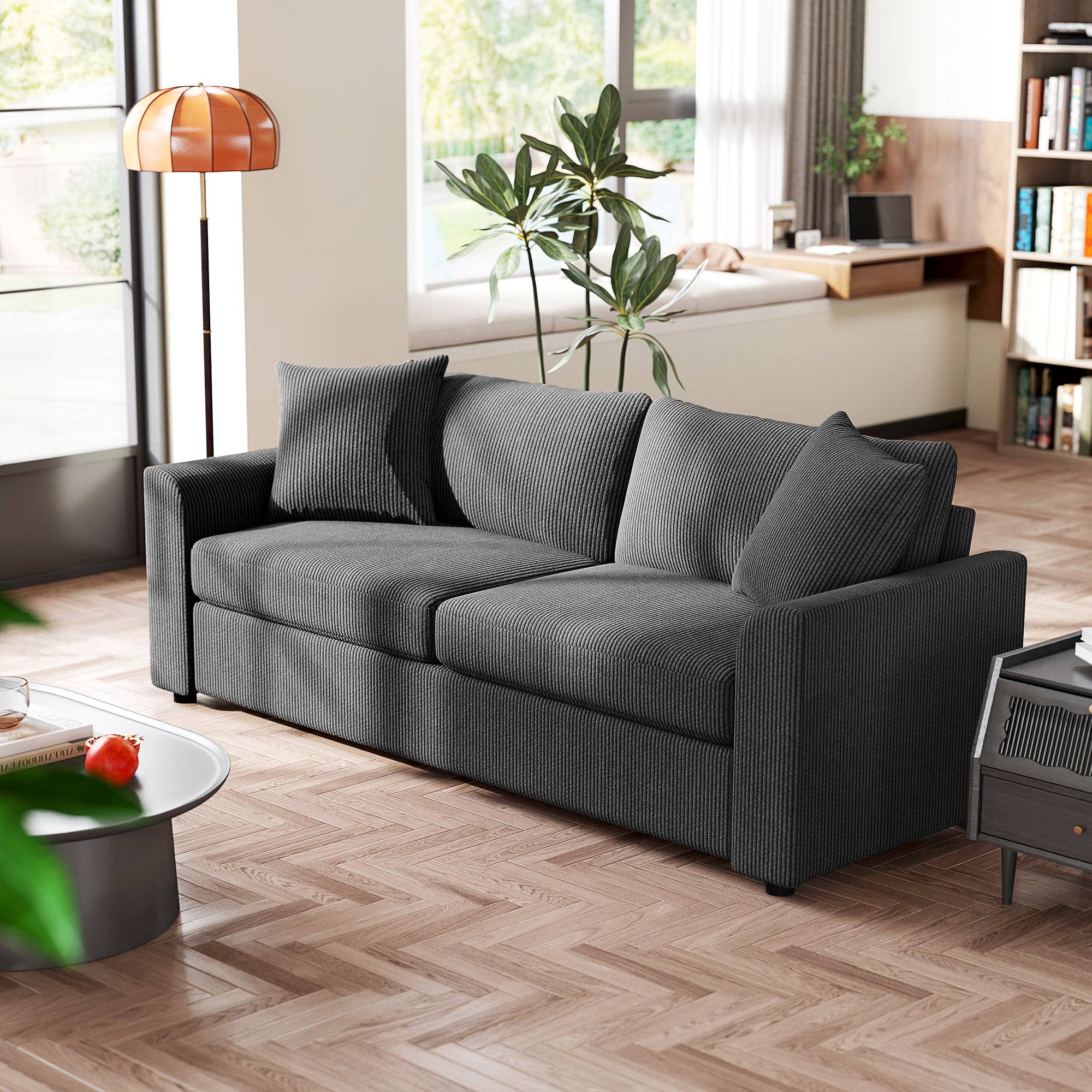 Modern 3 Seater Sofa with Spring Cushion, 212 cm Fabric Jumbo Cord Sofa Couch with 2 Scatter Cushions, Upholstered Corduroy Settee for Living Room, Bedroom, Home Office, Grey