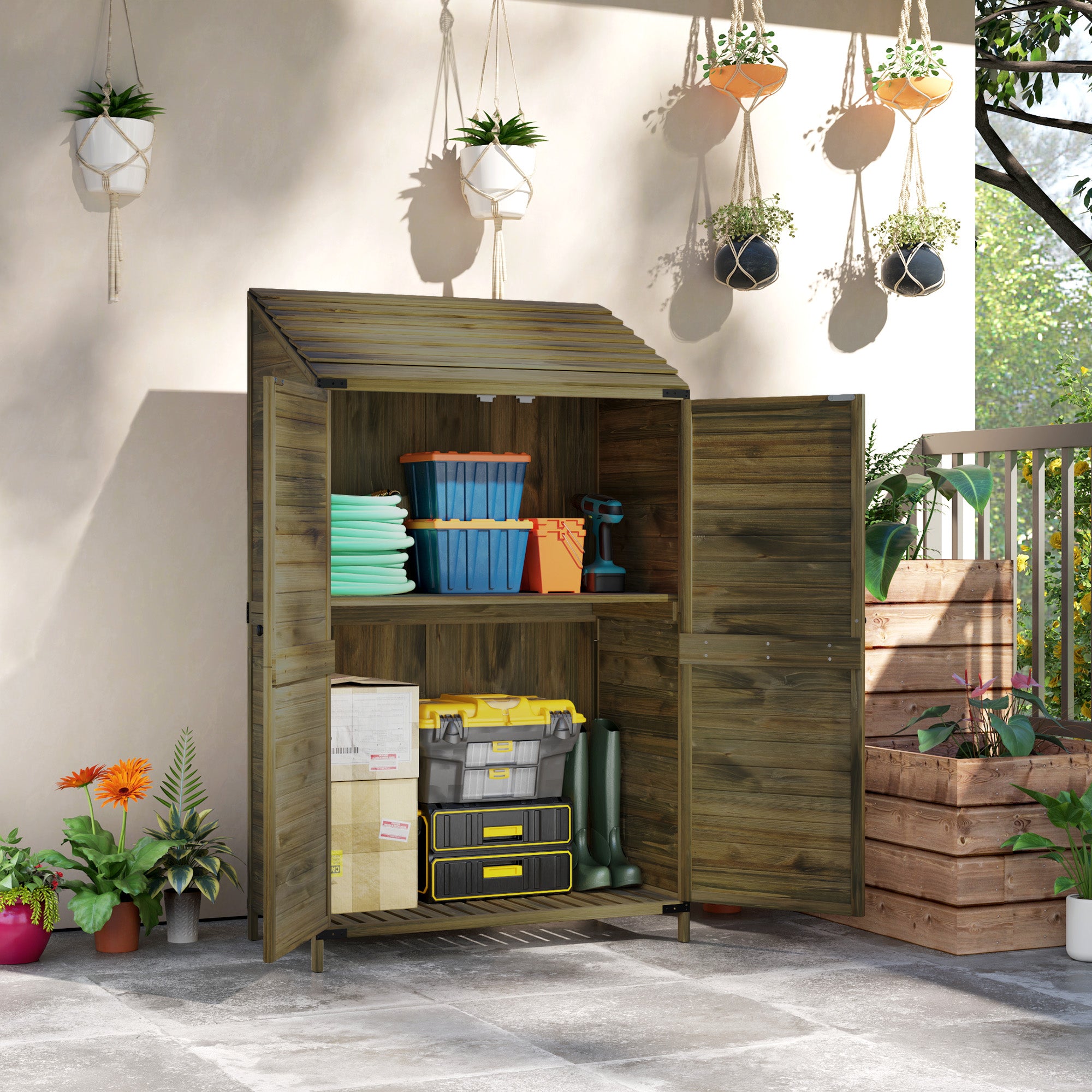 Two-Tier Wooden Garden Storage Shed with Shelves - Green