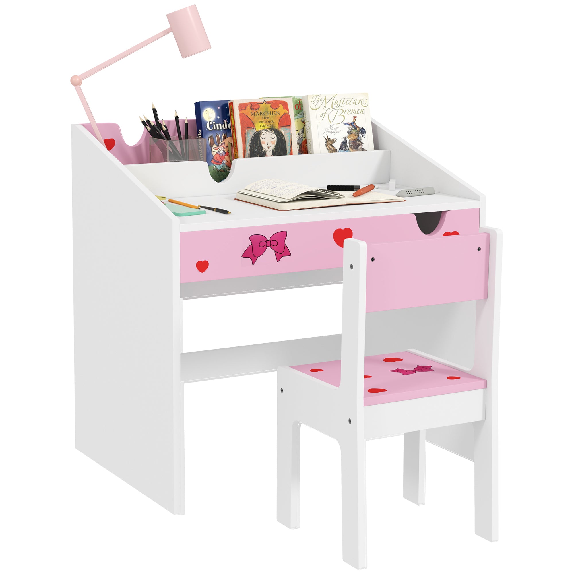 2 Piece Kids Study Table and Chair Set with Storage Pink