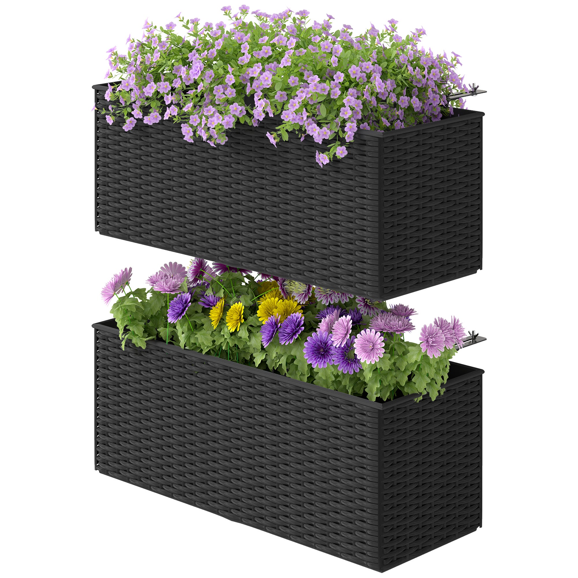 Set of 2 Rattan Effect Raised Planters with Hooks - Black