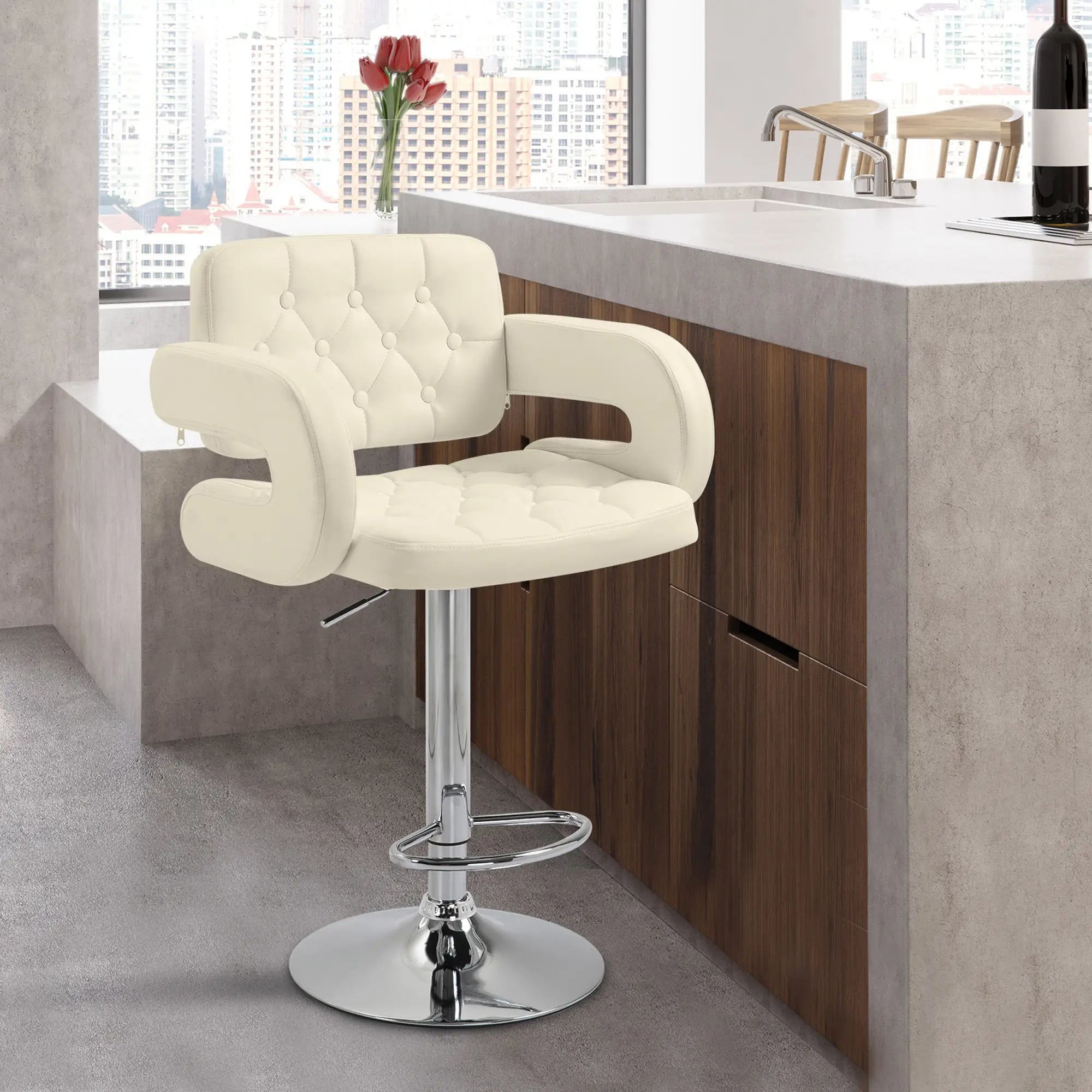 PU Leather Upholstered Swivel Bar Stool, Height Adjustable Barstool with Back, Armrest, Footrest for Kitchen