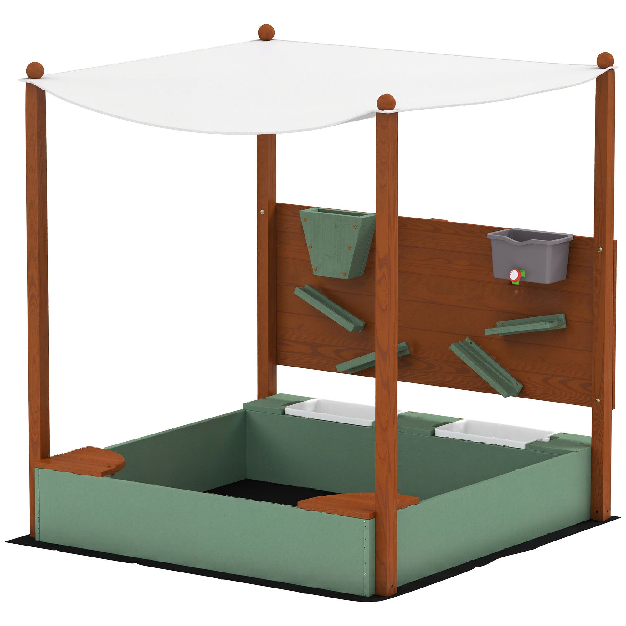 Wood Sandpit with Canopy, Storage Bins, Funnel, Liner, Chutes, Bucket with Tap, 116 x 112.5 x 128 cm, Green