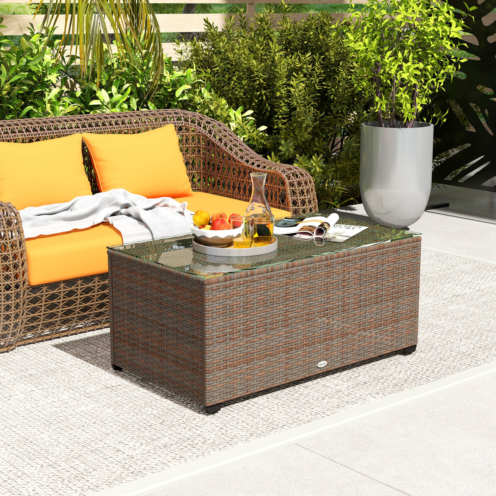 90 x 50cm Rattan Side Table with Tempered Glass Top - Brown