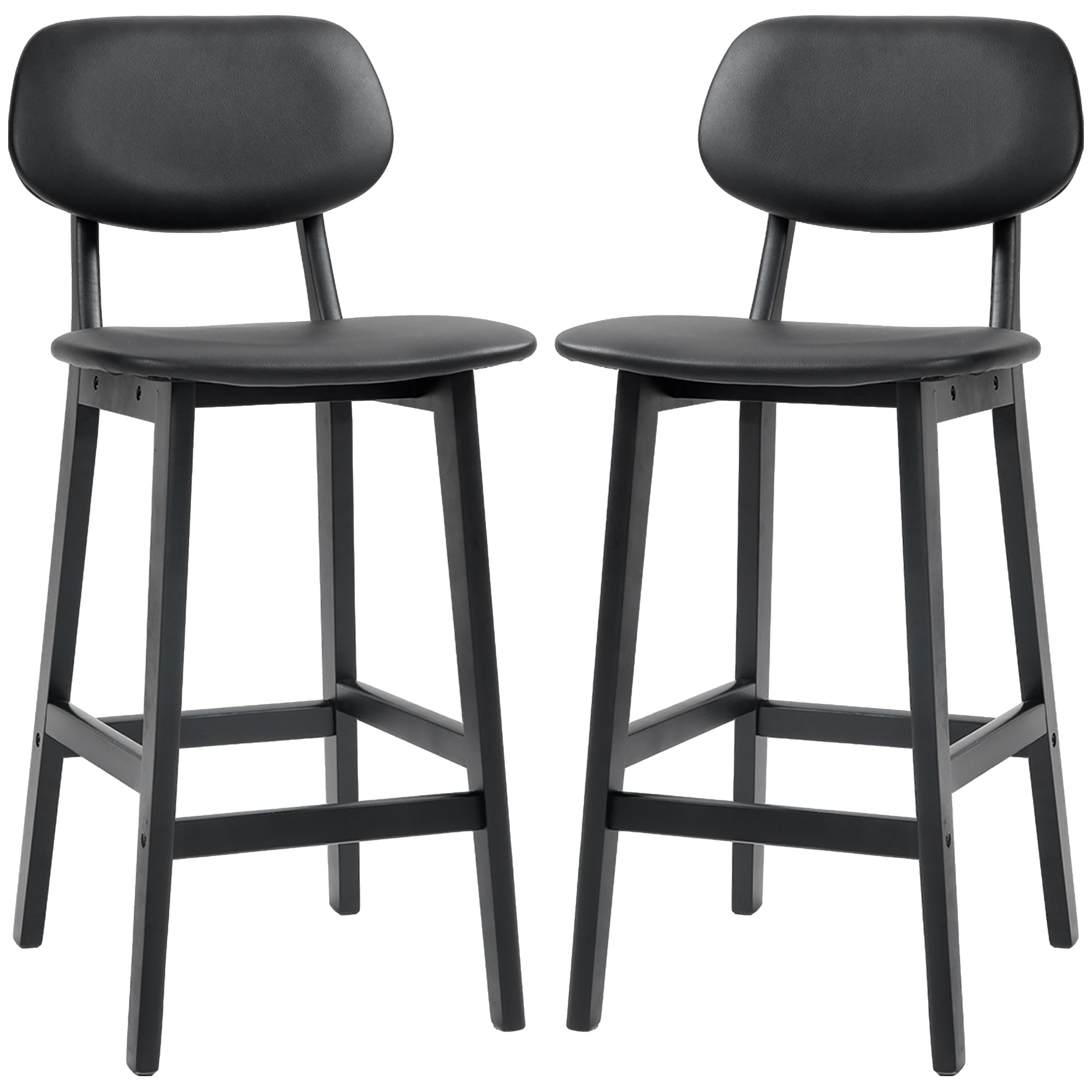 Set of 2 Wooden Classic Bar Stools with Faux Leather Seats - Black