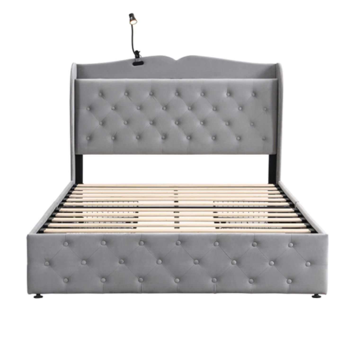 Double Upholstered Bed with 4 Drawers and USB Ports - Gray Velvet