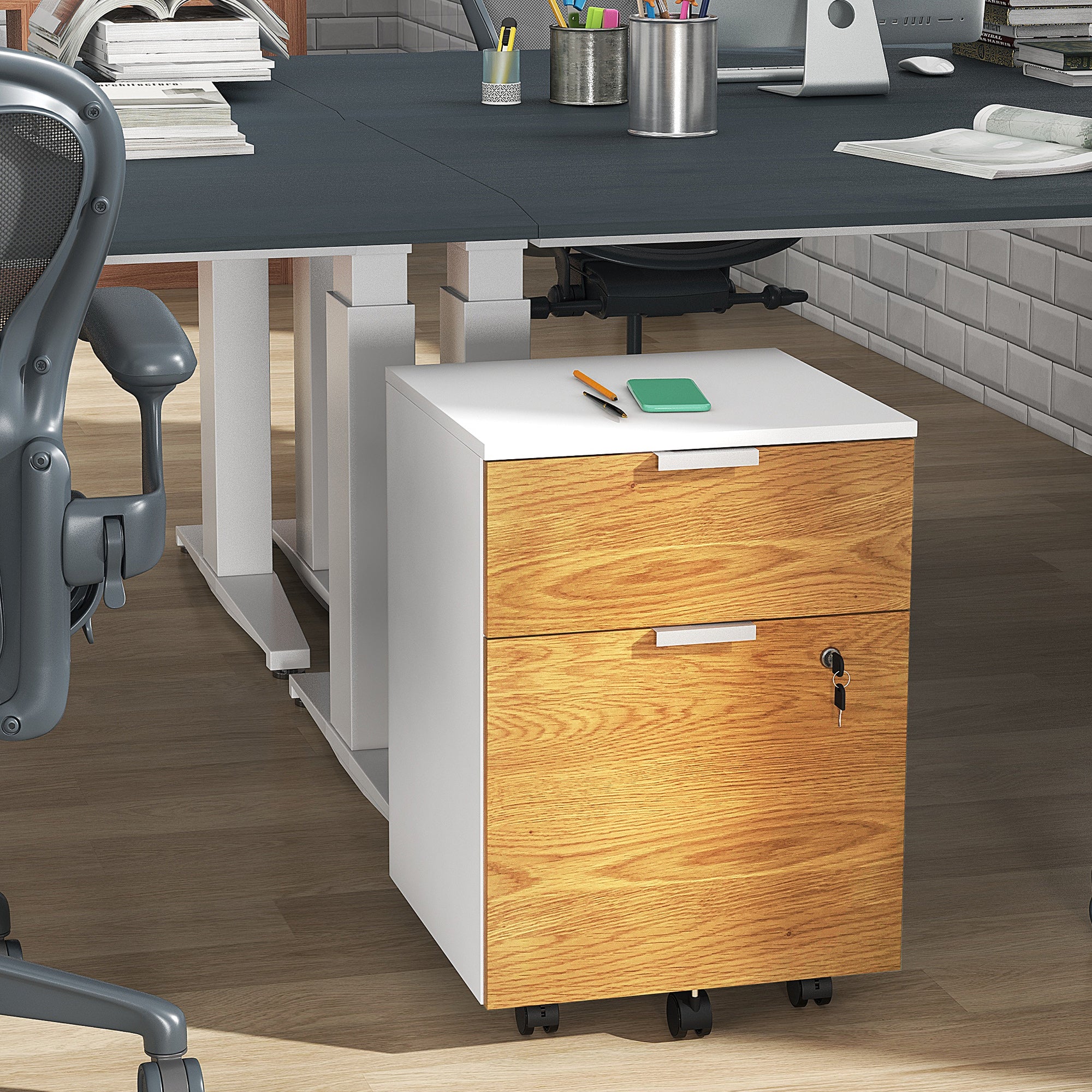 Two-Drawer Lockable Filing Cabinet with Wheels - Wood Effect