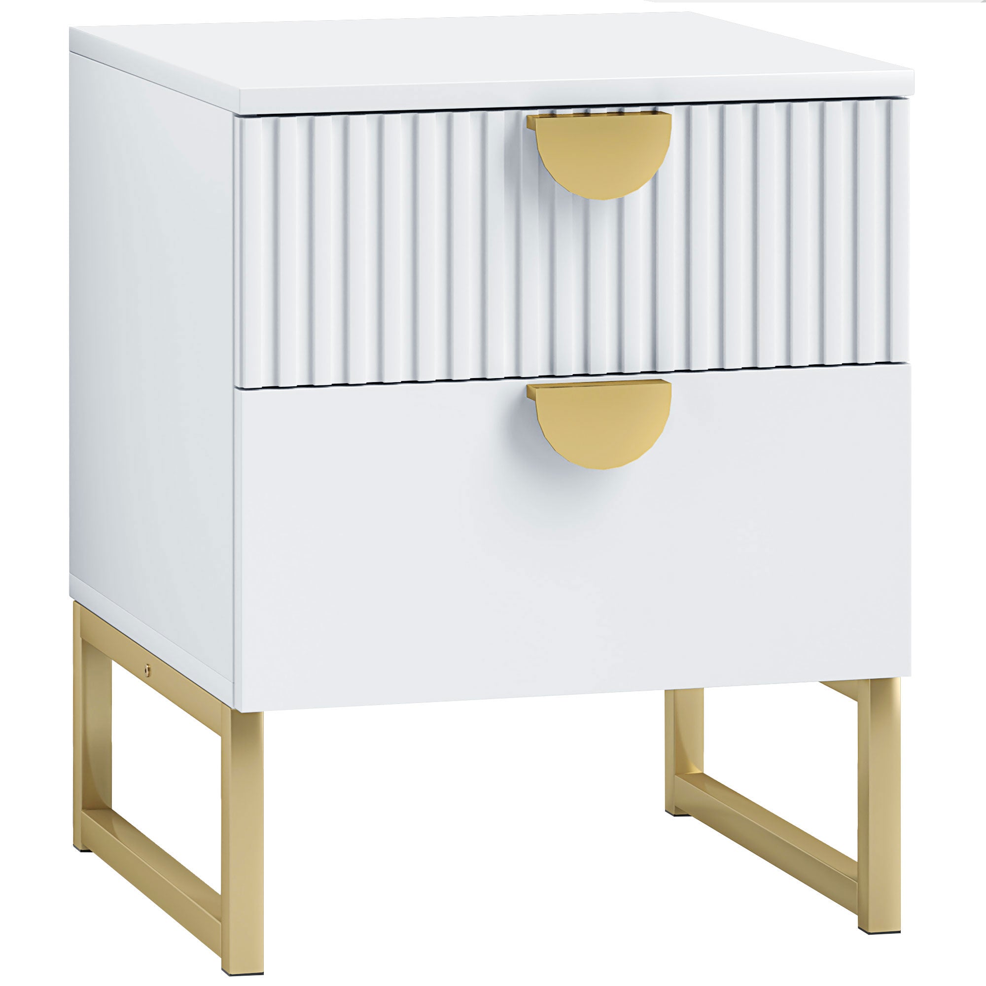 Elegant Two-Drawer Bedside Table with Gold Handles - White