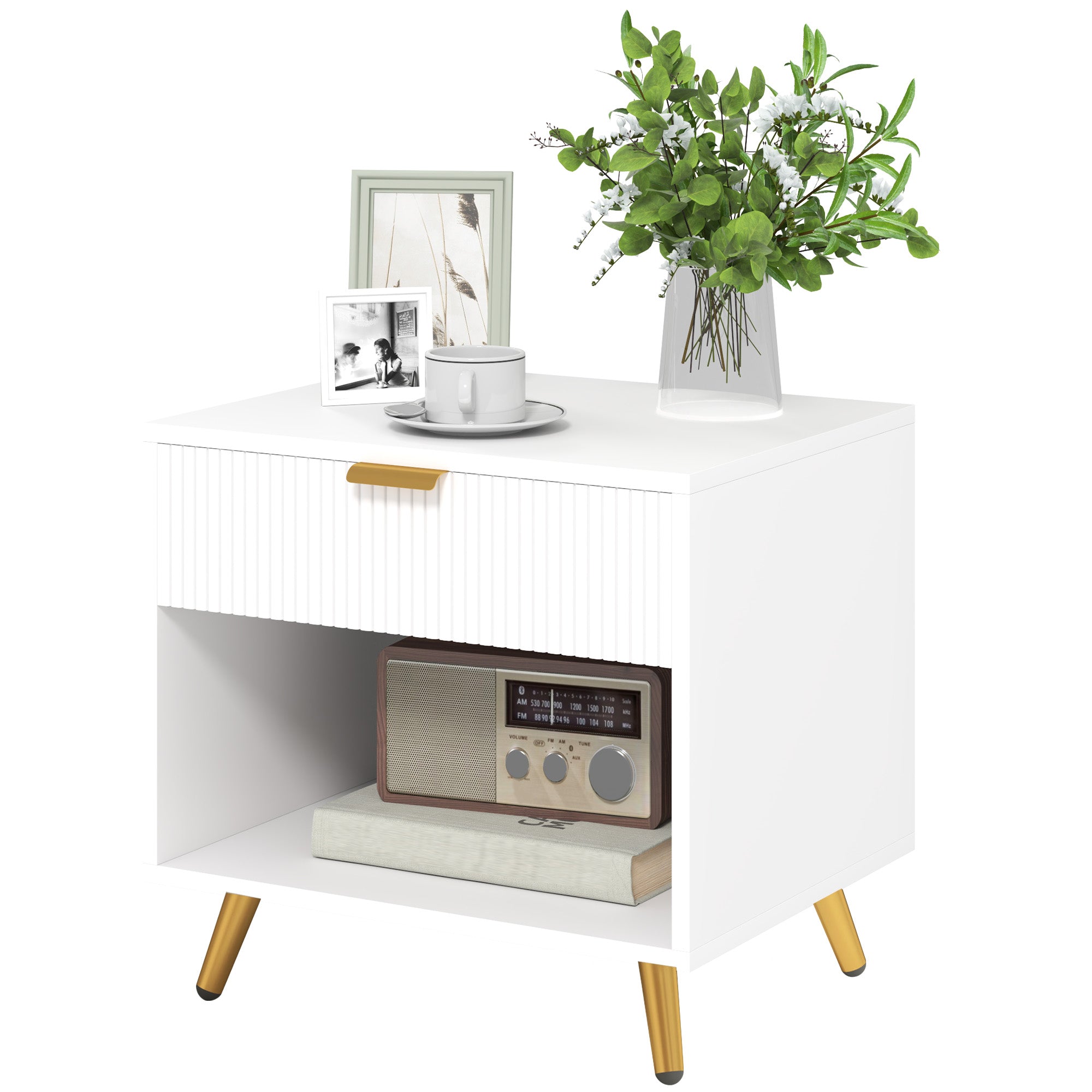 Elegant Bedside Table with Drawer and Shelf - White/Gold Tone