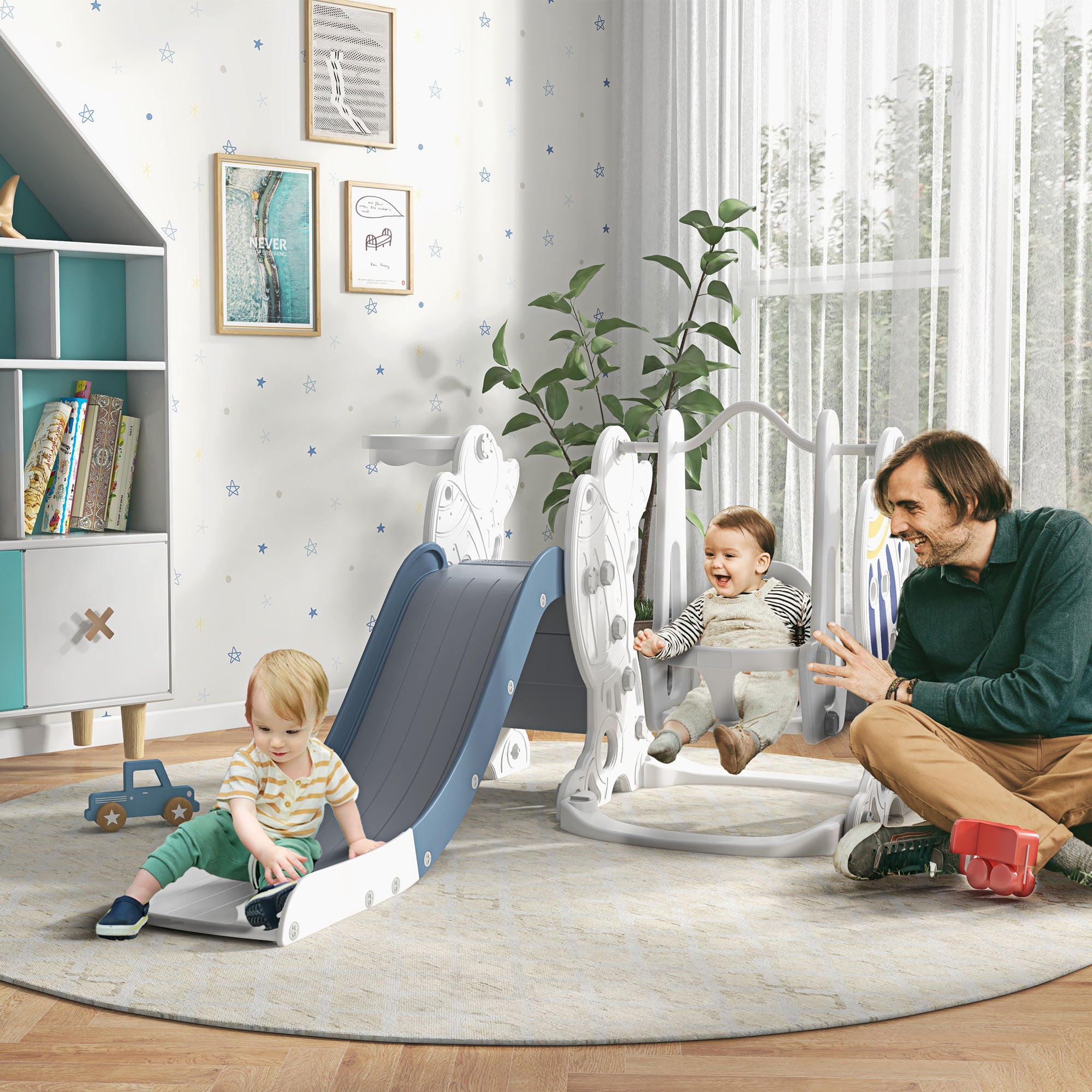 Space-Themed Kids Slide and Swing Set, with Basketball Hoop, Blue