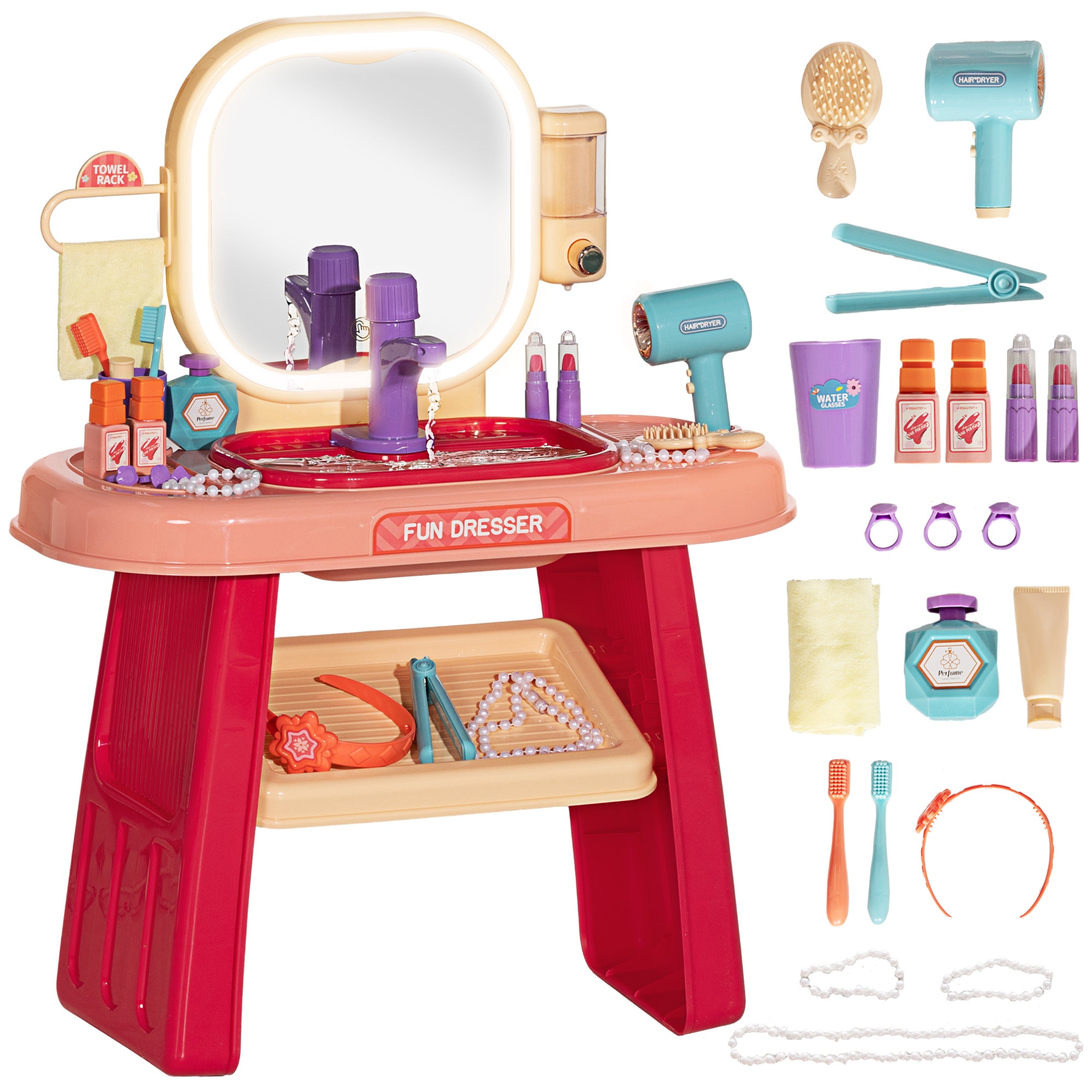 Kids Dressing Table with Mirror, LED Light, 23 Accessories, Pink