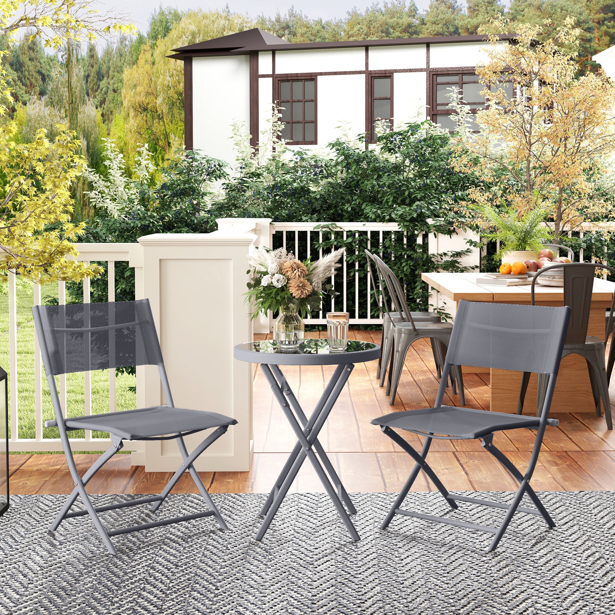 3-Piece Outdoor Bistro Set with Glass Top Table and Folding Chairs - Grey