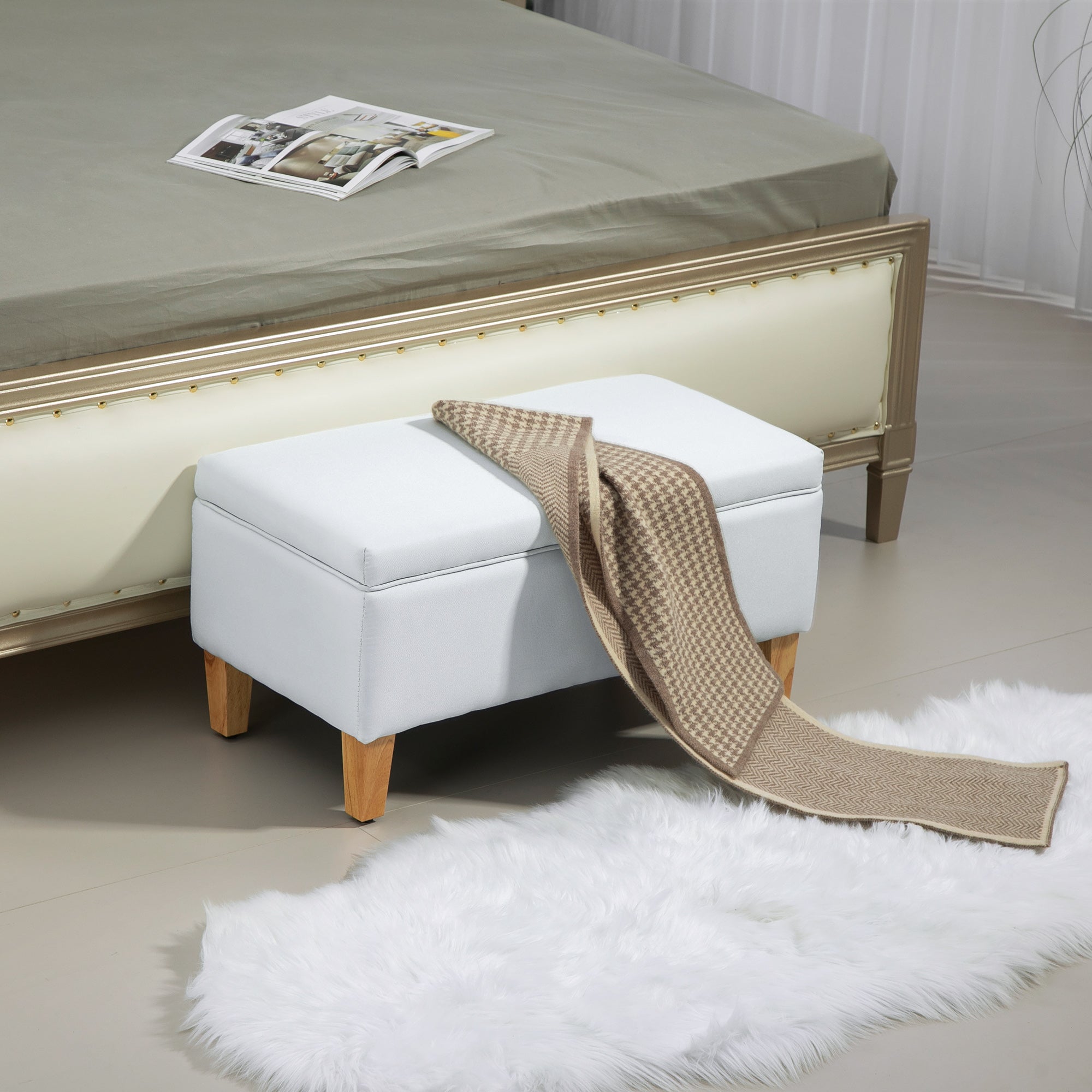 Linen Storage Ottoman Padded Footstool with Rubberwood Legs for Storage Box, Bed End, Shoe Bench, Seating, Cream White