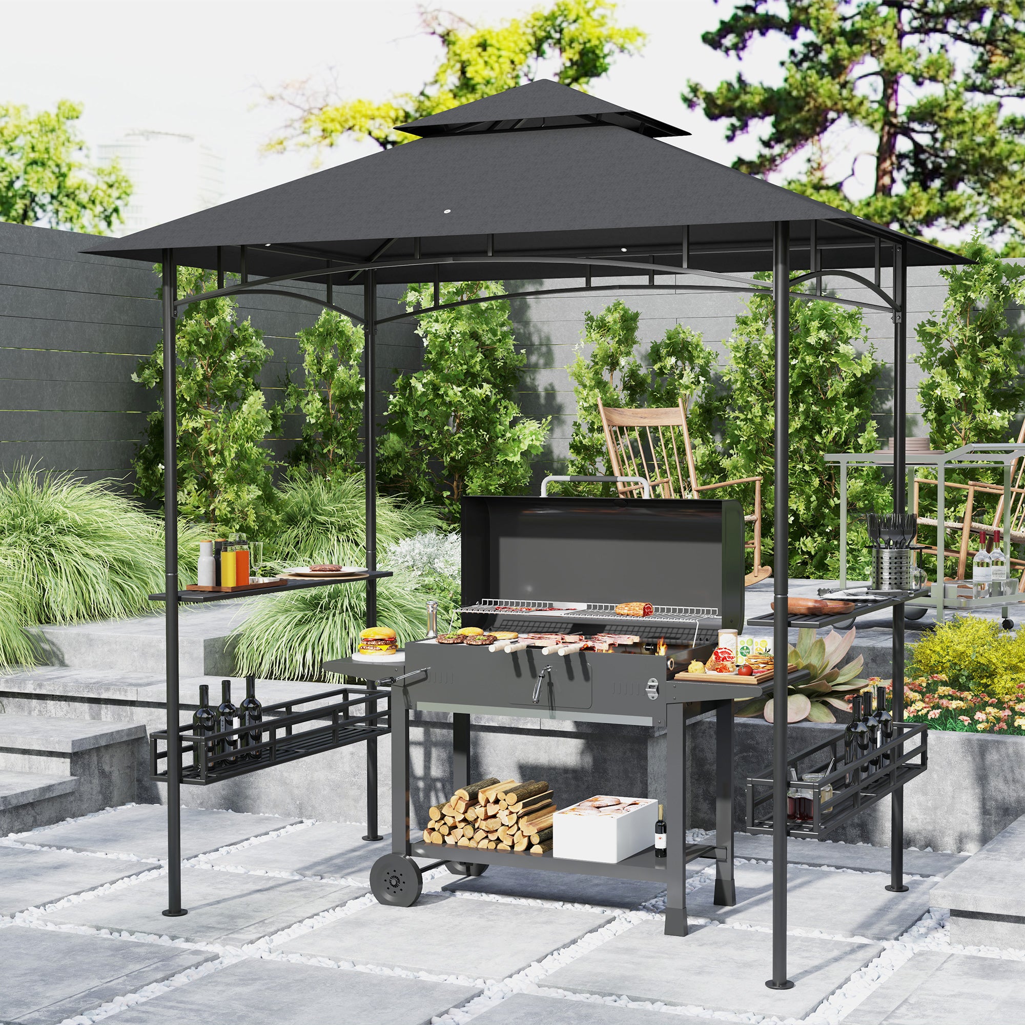BBQ Grill Gazebo 150x240cm with Shelves and Baskets - Grey Polyester Canopy