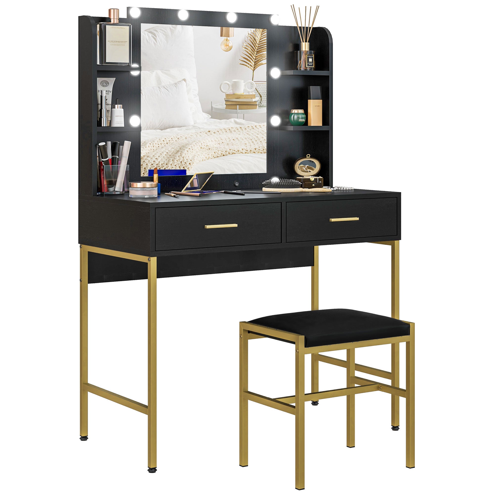 Dressing Table Set with Storage and Stool - Black with Hollywood Light Bulbs