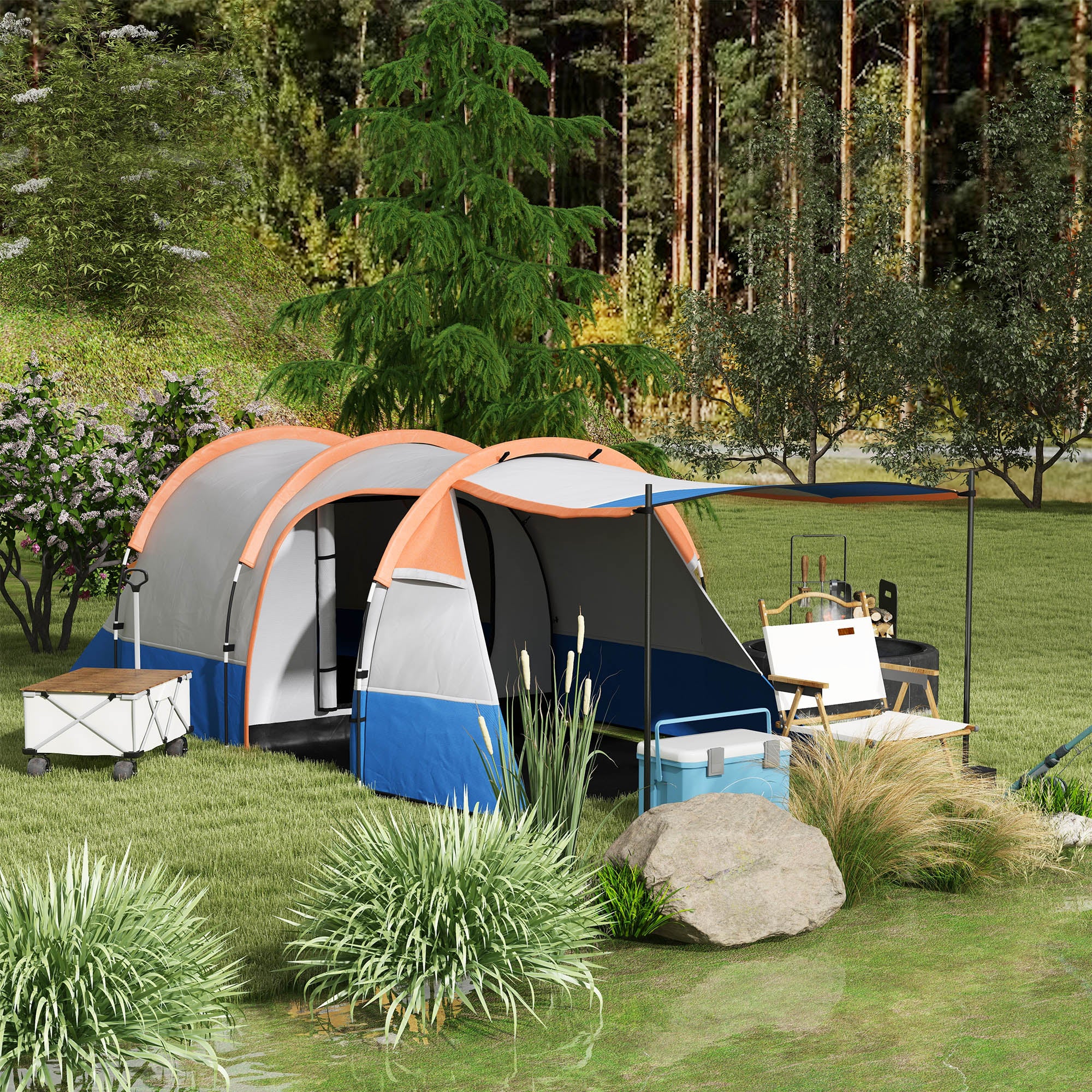 Large Waterproof Camping Tunnel Tent with Bedroom and Living Area - Orange