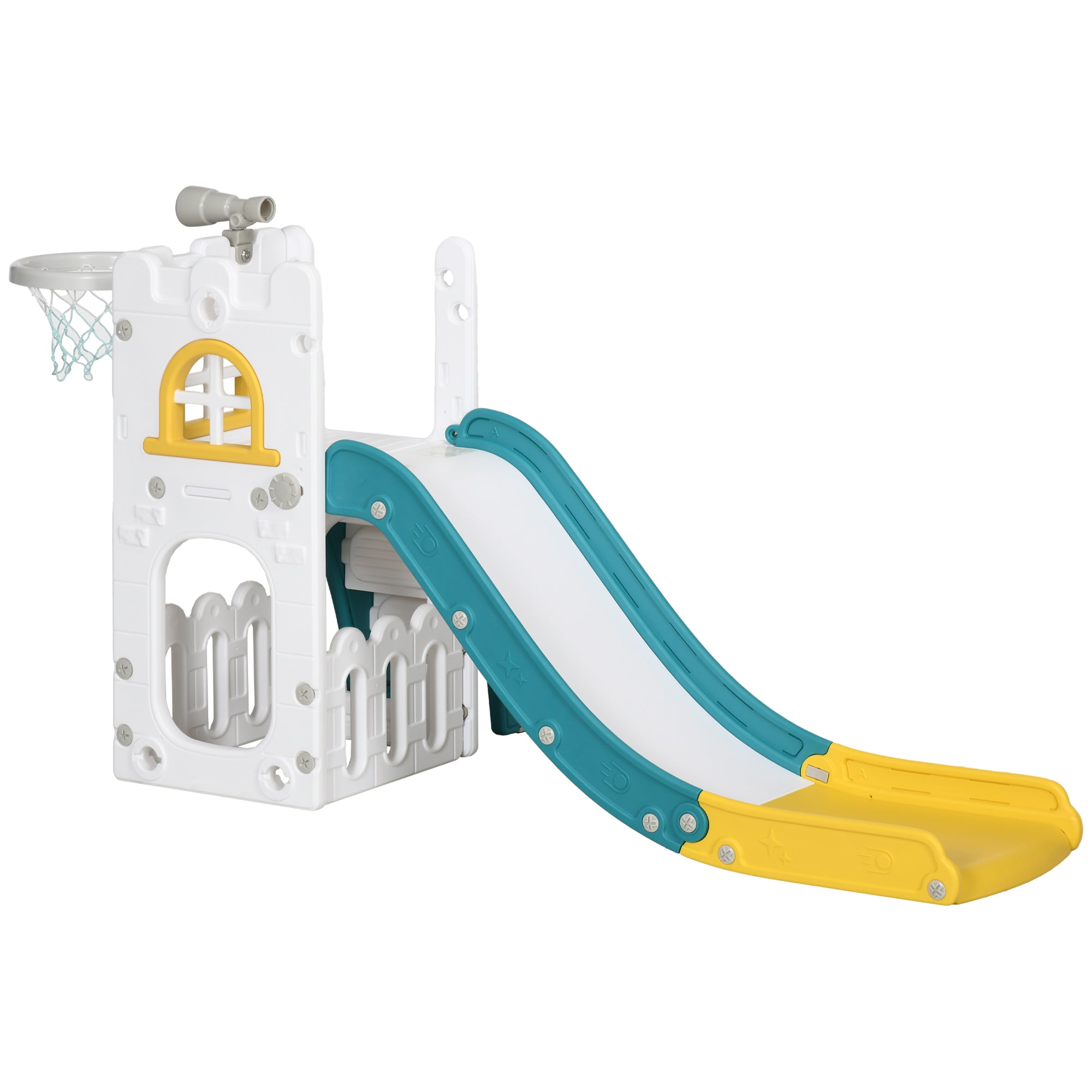 4 in 1 Toddler Slide with Basketball Hoop, Climber, Telescope, Storage Basket, for Ages 1-3 Years, Yellow