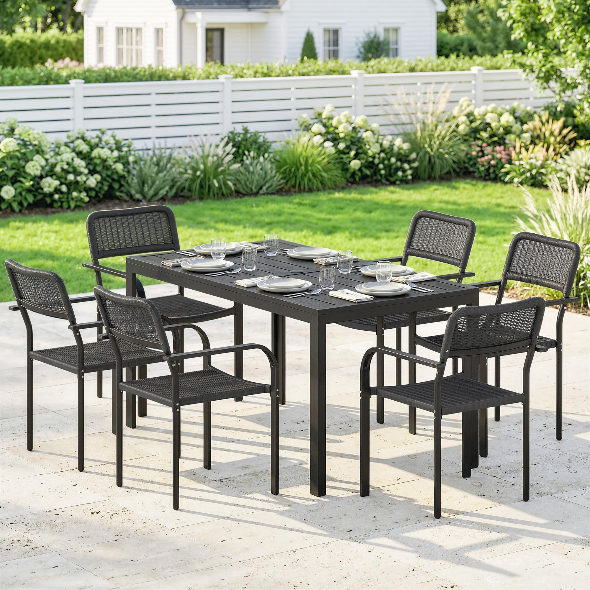 Garden Dining Set for 6, Faux Wood Metal Outdoor Table and Stackable Chairs with Plastic Rattan Effect Seat, Black