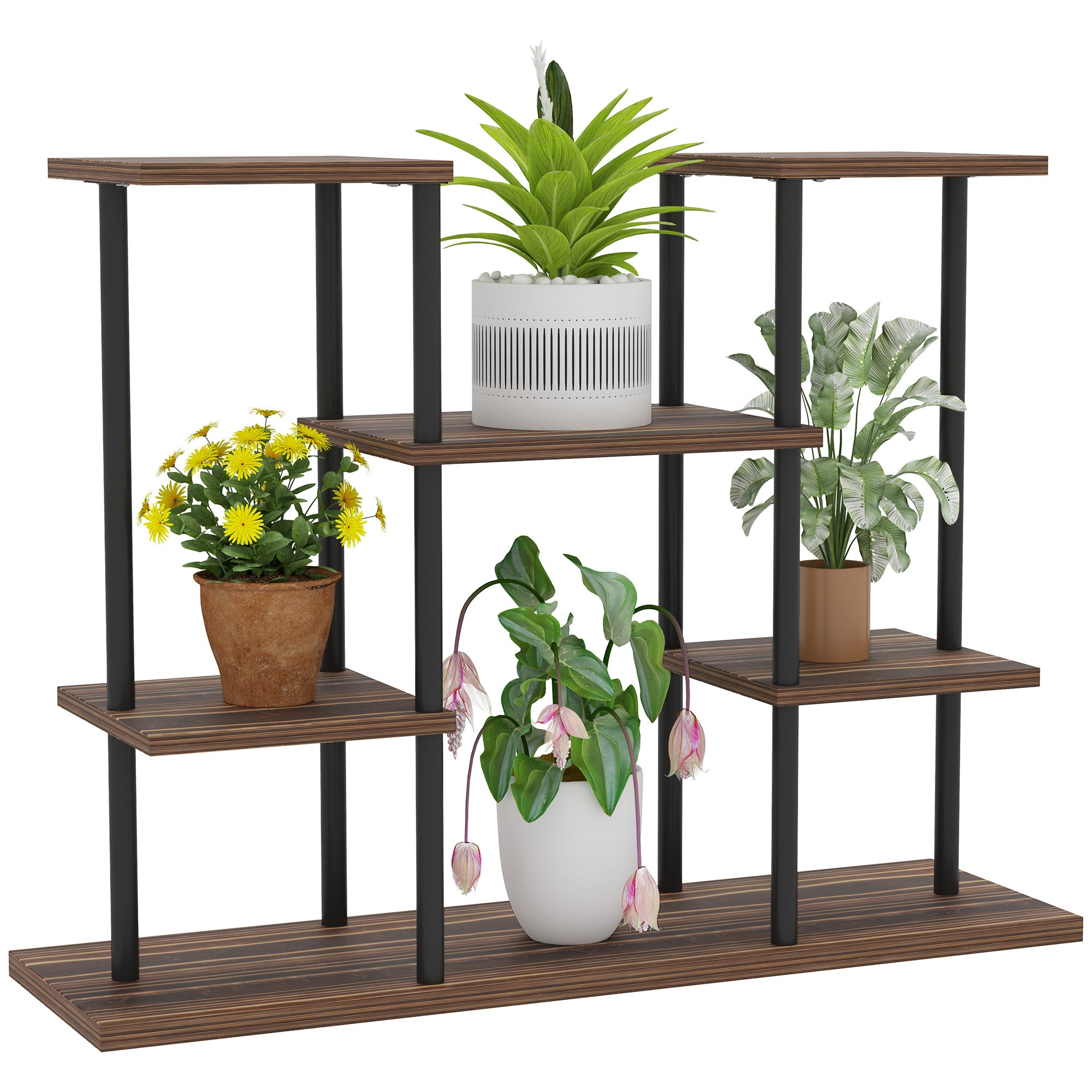 Four-Tier Wooden Plant Stand with Metal Frame and Six Shelves - Brown