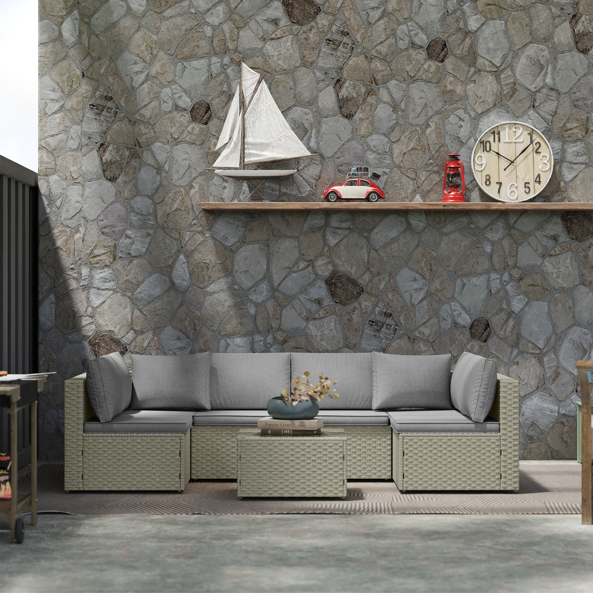 7 Piece Rattan Garden Furniture Set with Cushions and Glass Table - Light Brown