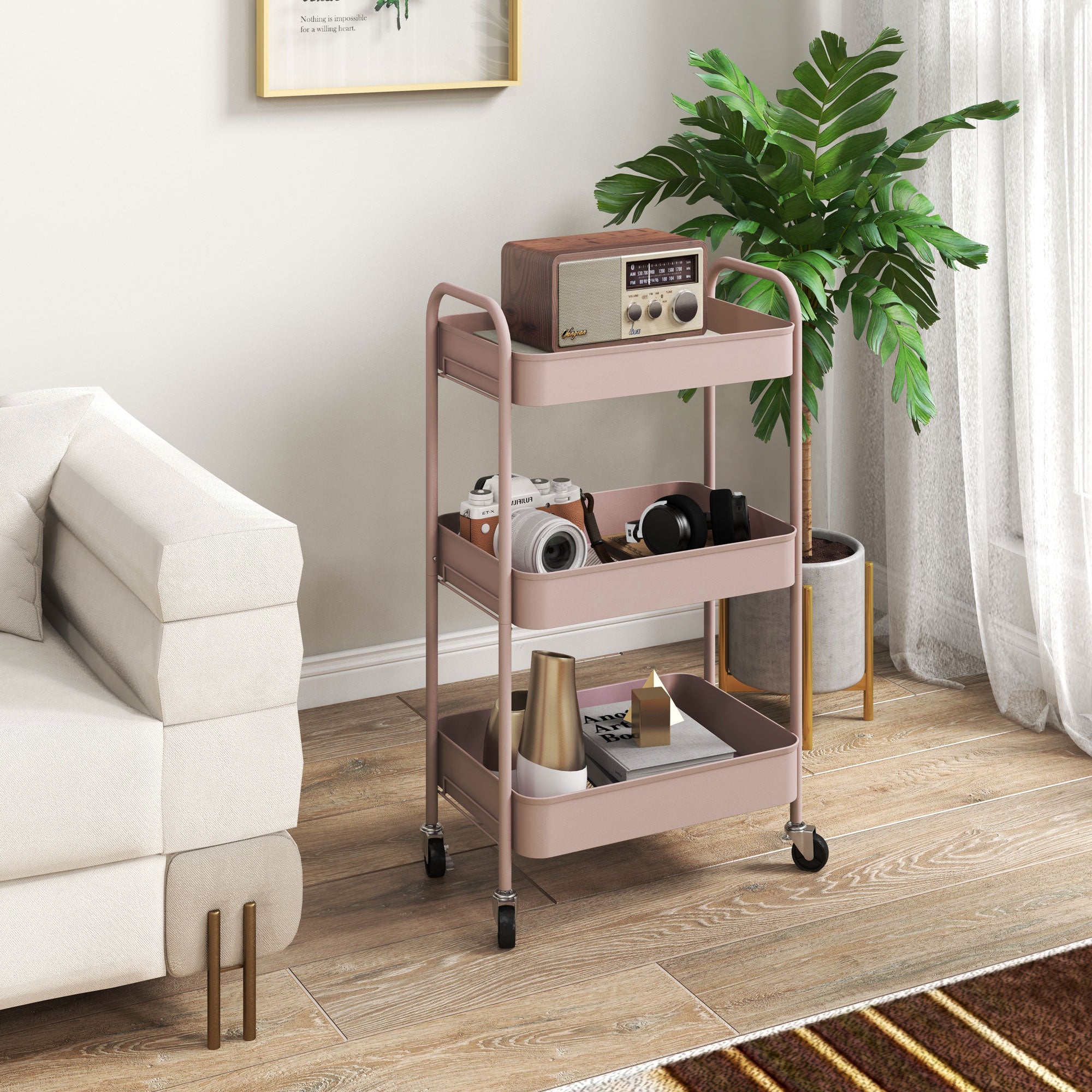Three-Tier Steel Storage Trolley with Wheels and Handles - Pink