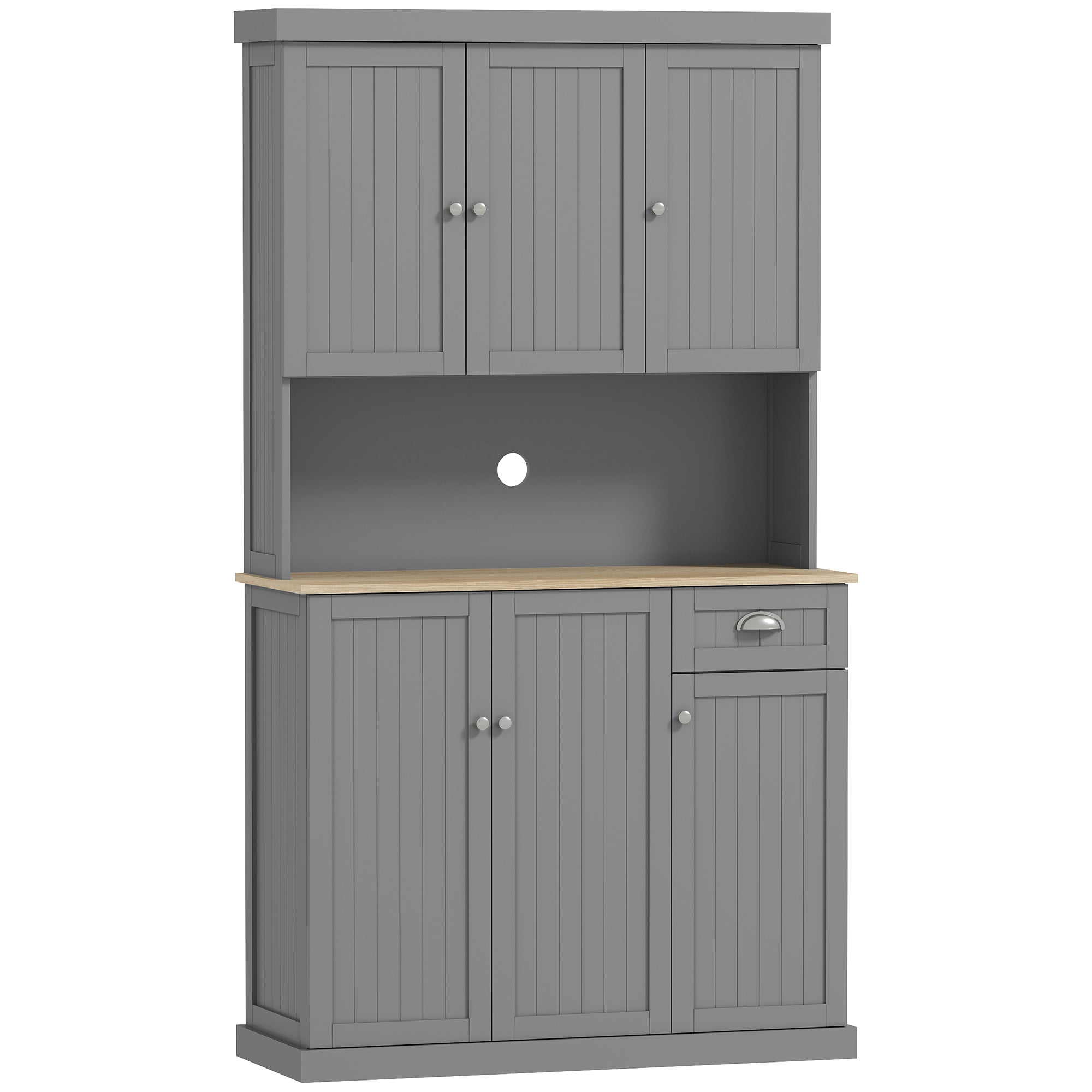 180cm Freestanding Kitchen Cabinet, Modern Storage Cupboard with Open Countertop, Drawer and 6 Doors, Grey