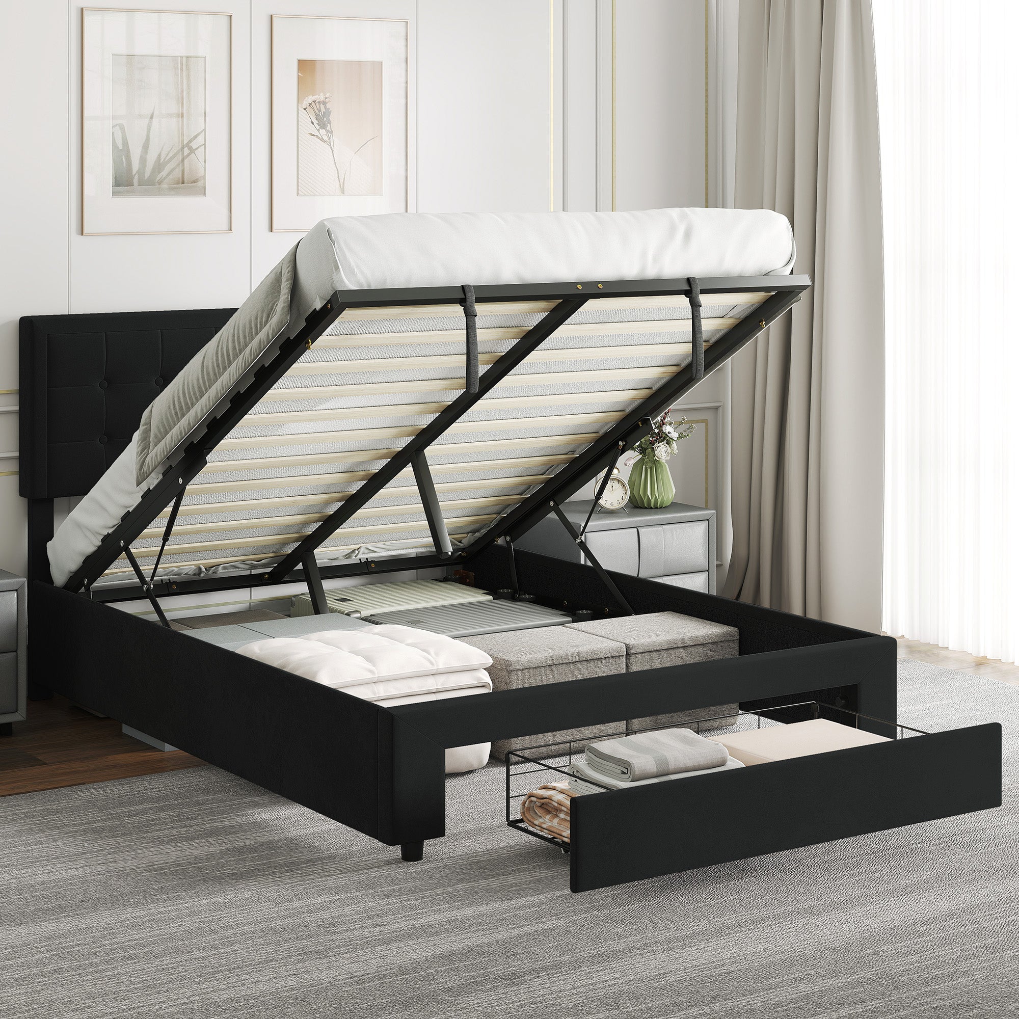 Double Ottoman Bed Frame, with Front Drawer - Black